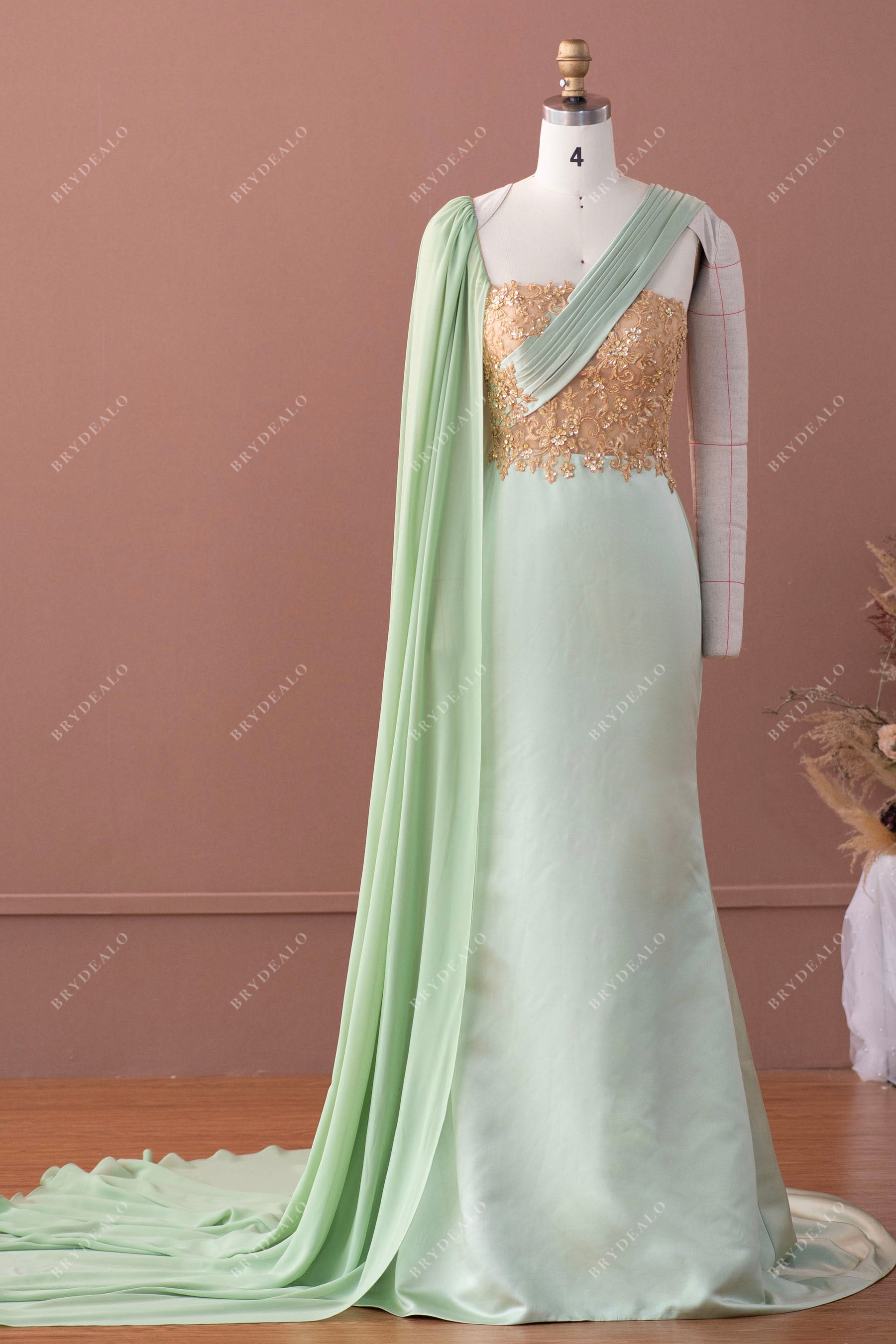 One Shoulder Gold Lace Sage Satin Bowknot Cape Formal Dress One Shoulder Gold Lace Sage Satin Bowknot Cape Formal Dress