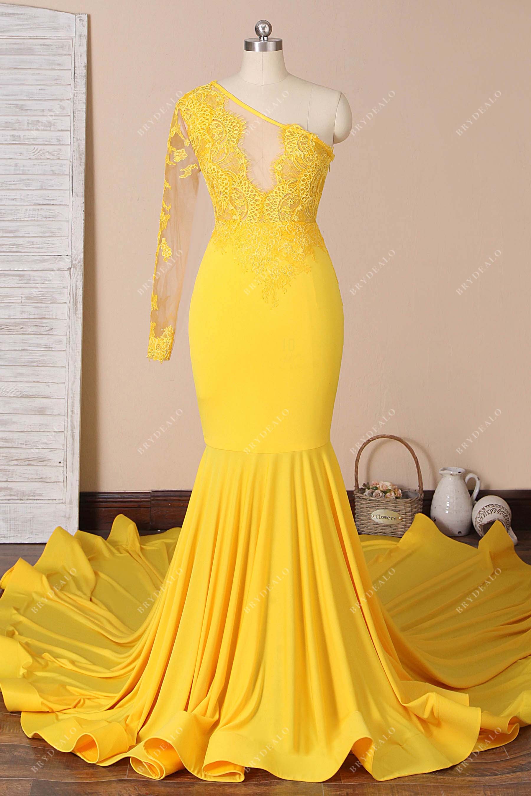 Yellow One Shoulder Lace Long Mermaid Prom Dress Yellow One Shoulder Lace Long Mermaid Prom Dress