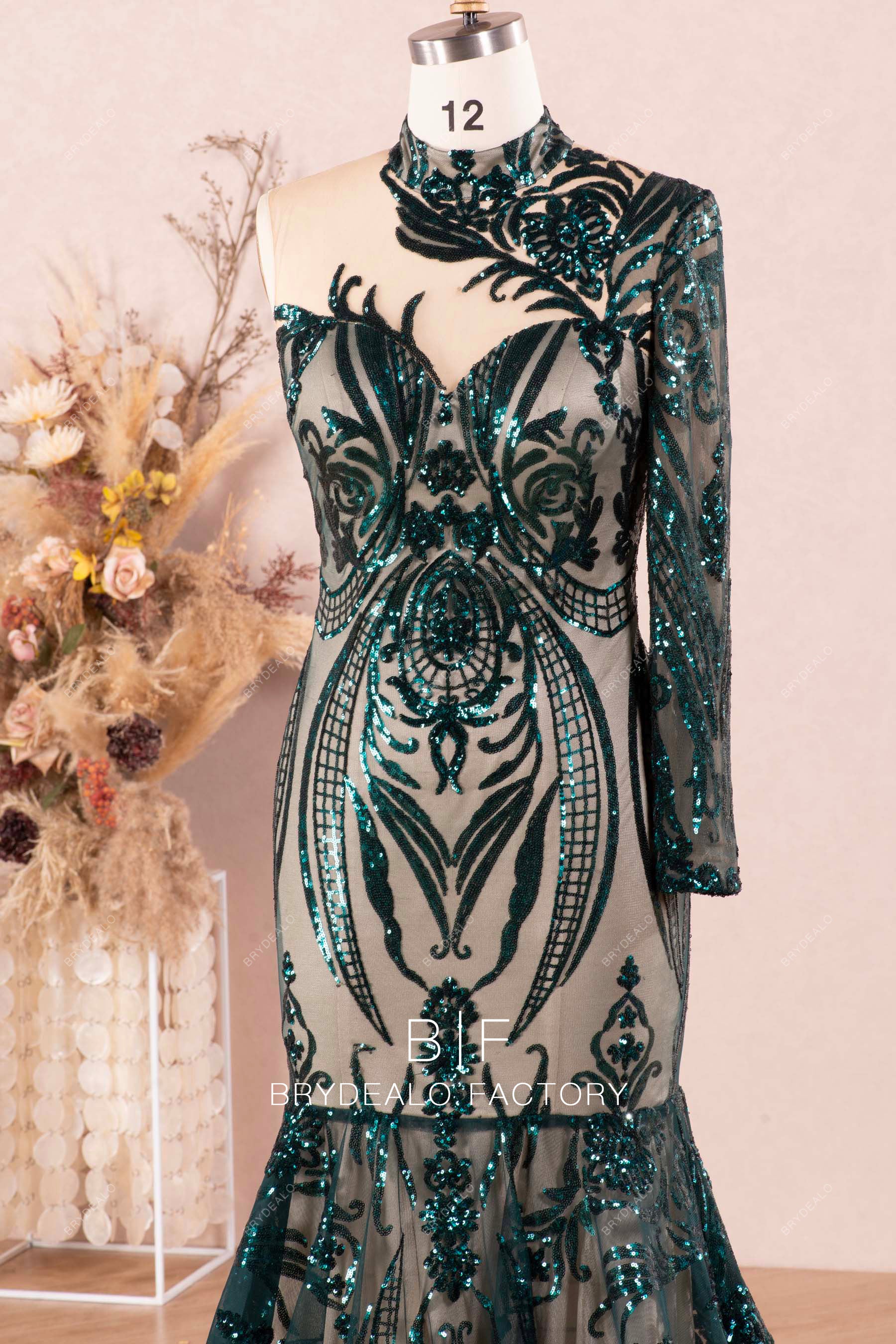 one sleeve sparkly sequin prom dress