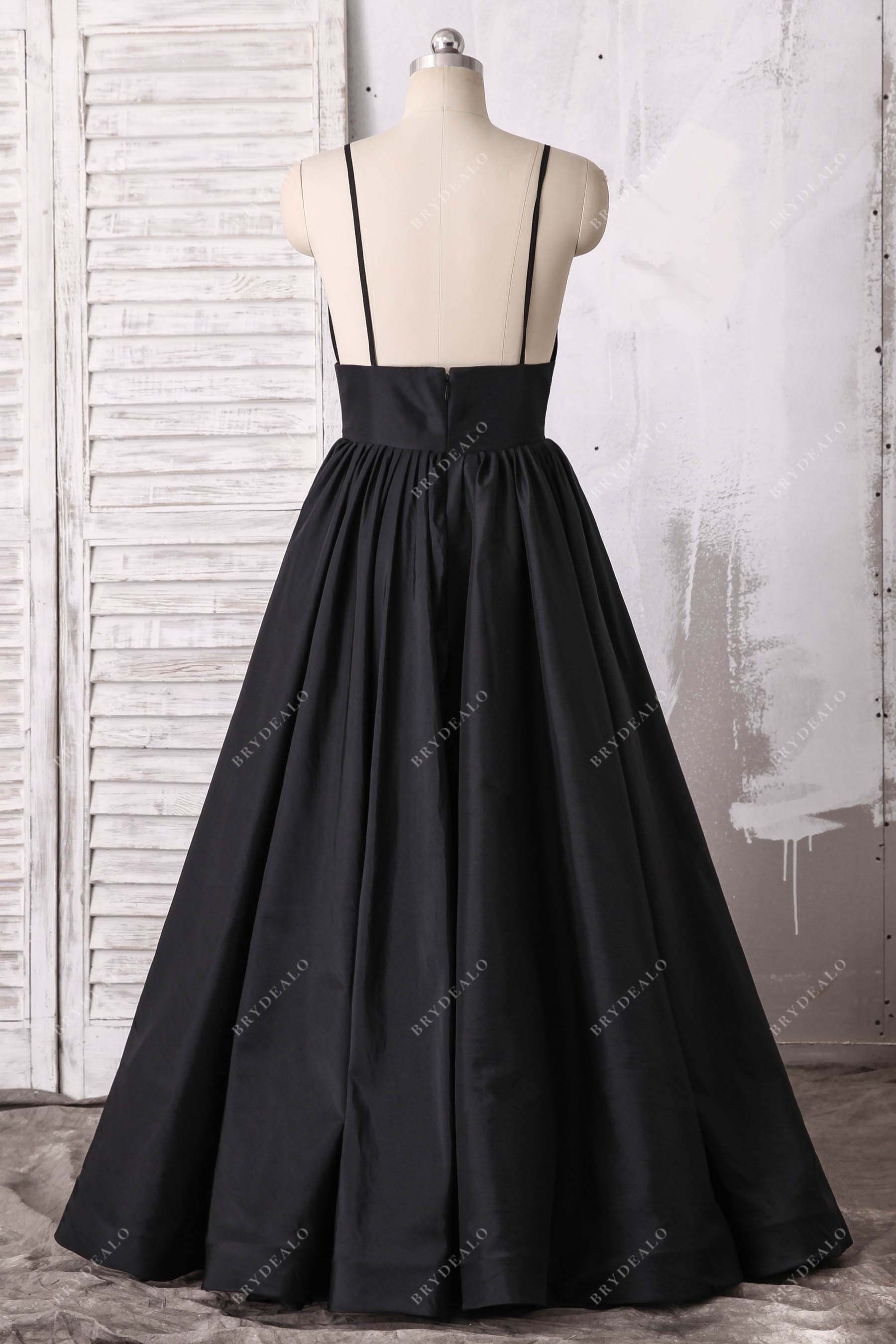 open back A-line black satin prom gown