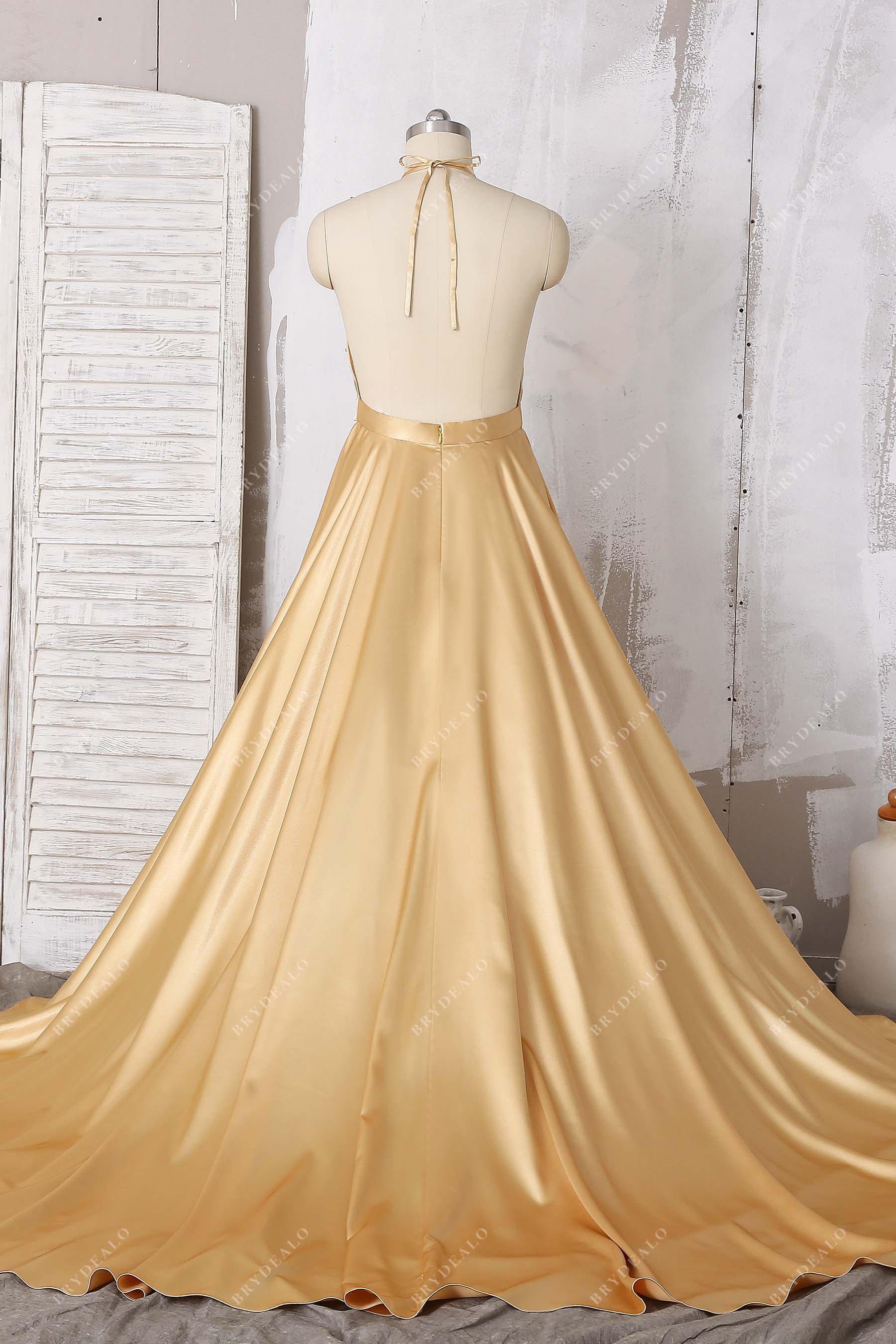 open back A-line gold prom dress