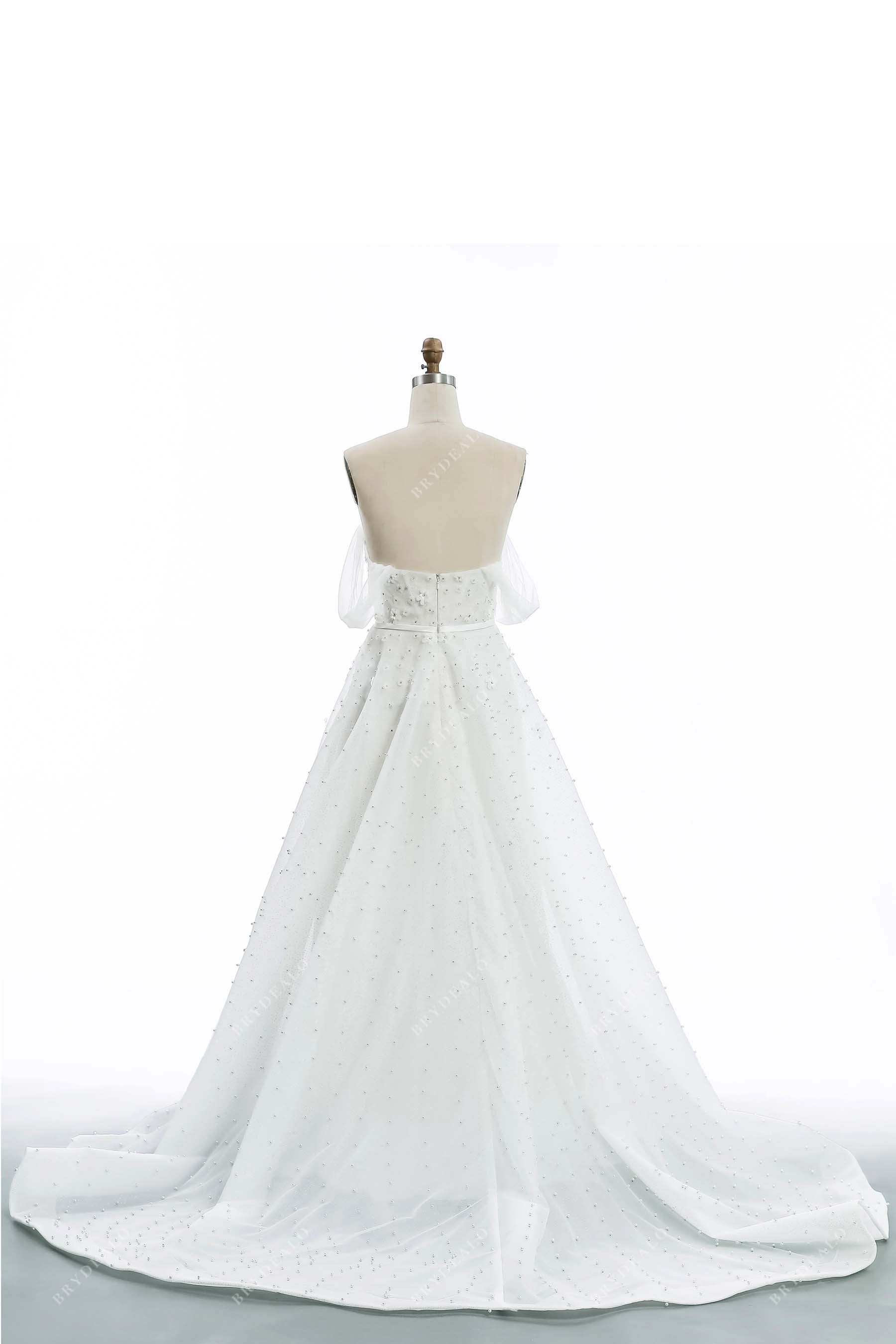 open back beaded flowers pearls A-line bridal dress