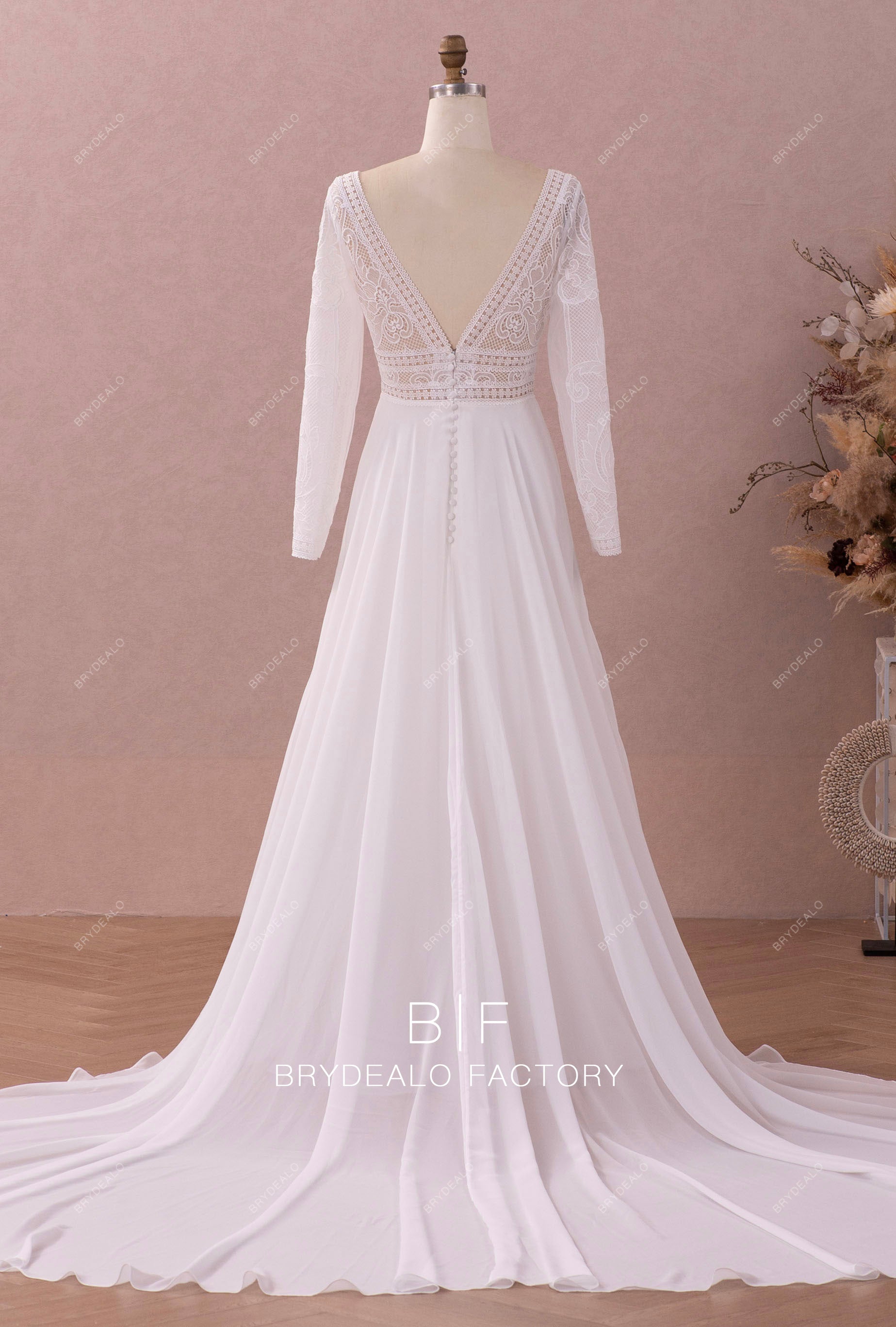 open back boho A-line chiffon wedding dress