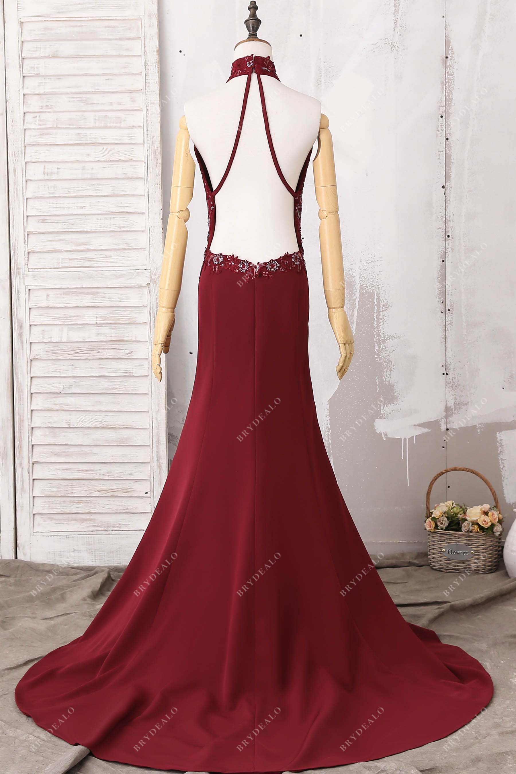 open back burgundy high neck mermaid gown