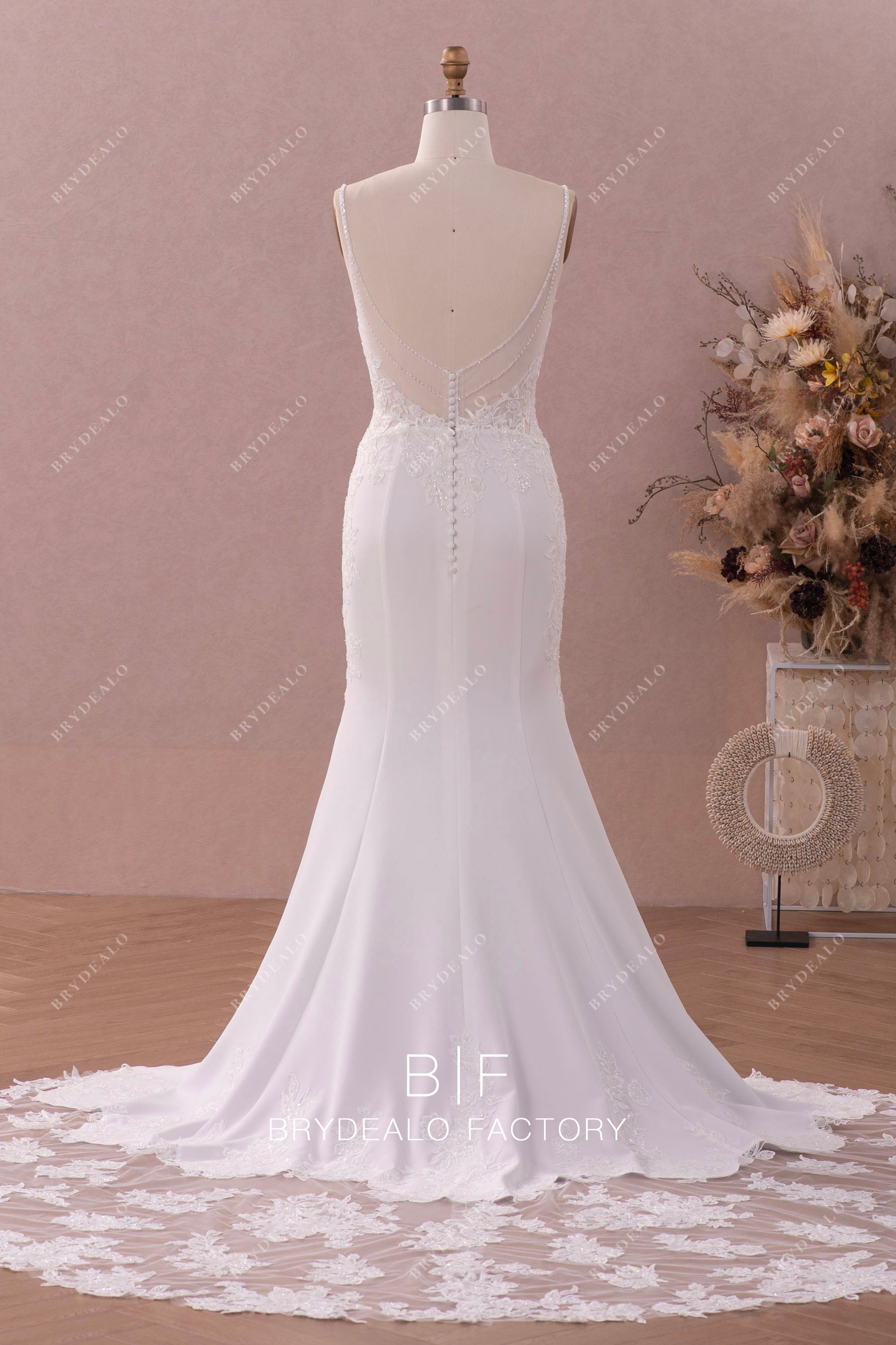open back crepe mermaid illusion beaded lace train wedding dress