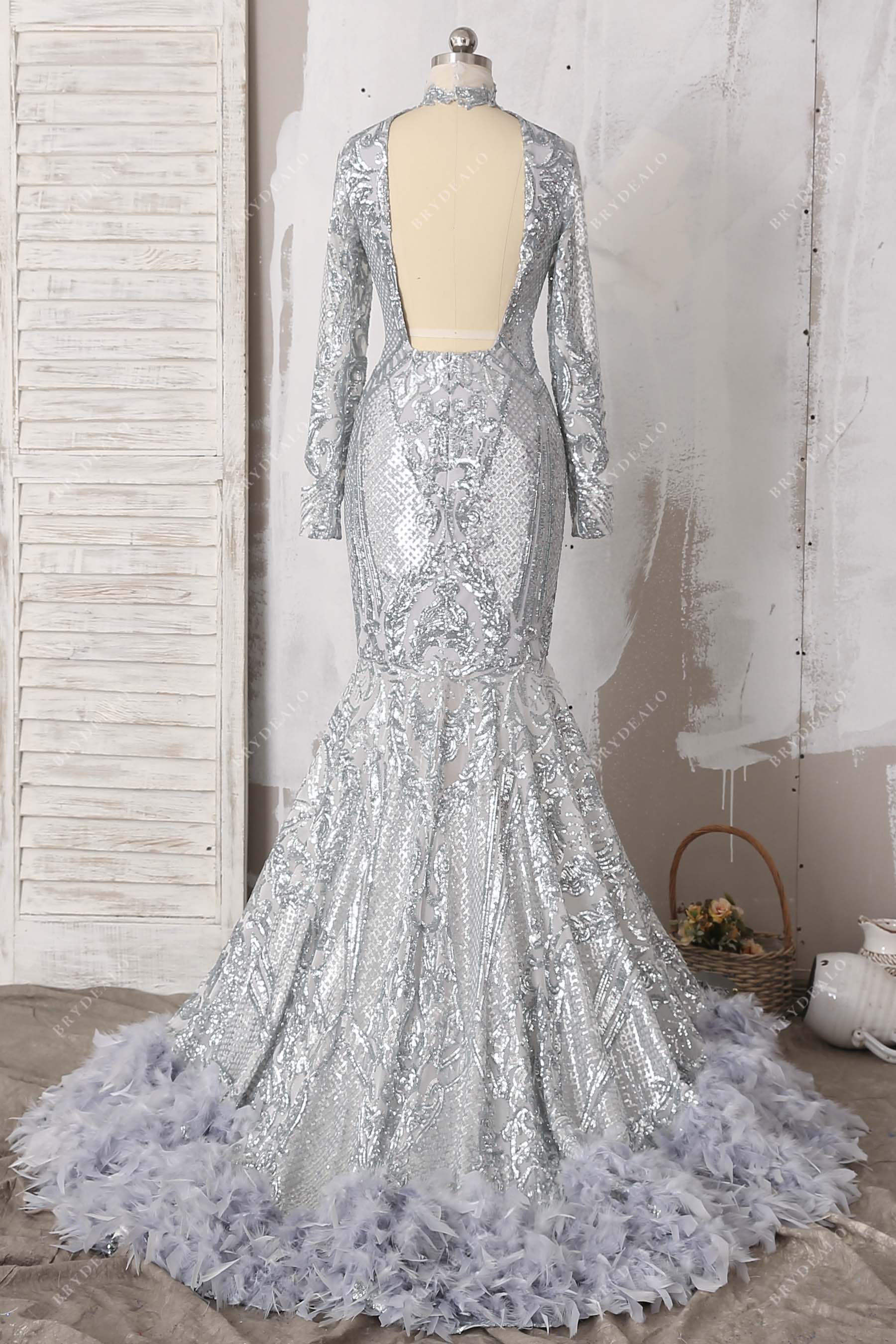 open back feathers trumpet prom dress