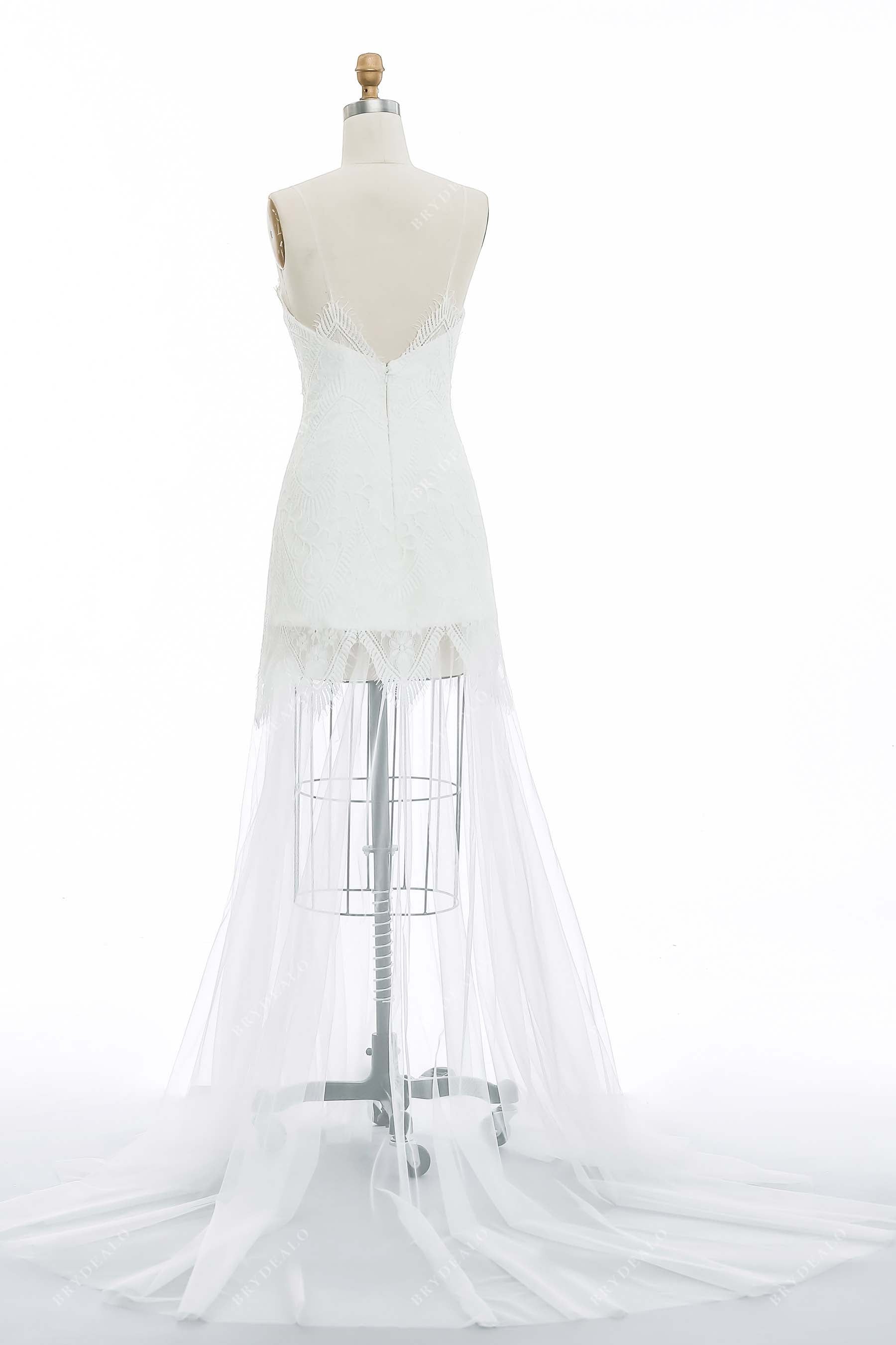 open-back fit-and-flare lace bridal dress