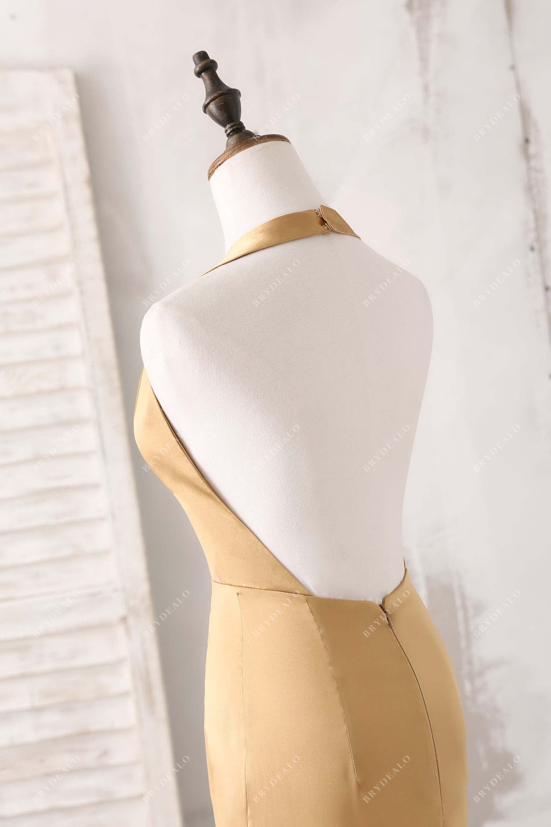 open back gold satin prom gown
