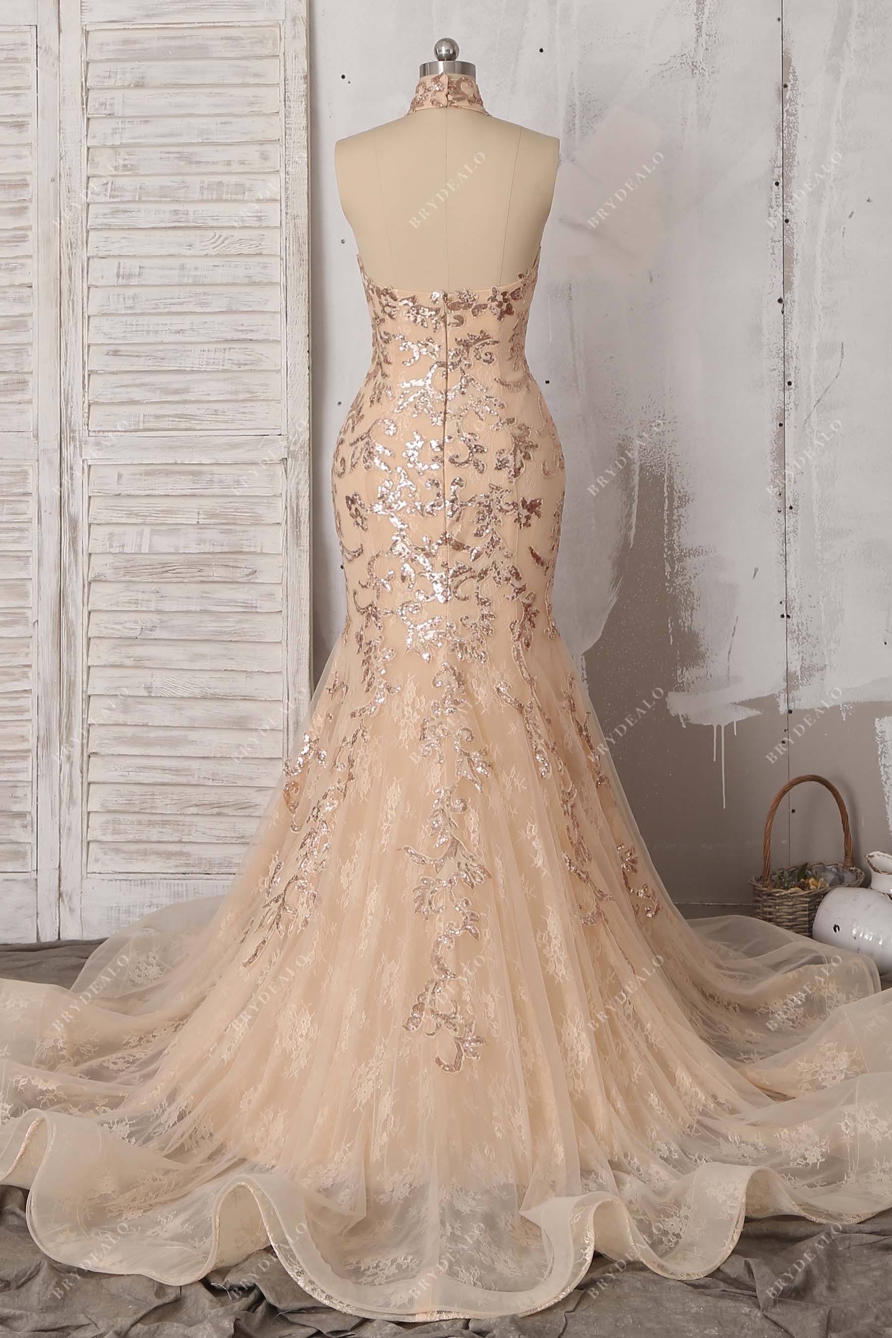 open back halter mermaid prom dress