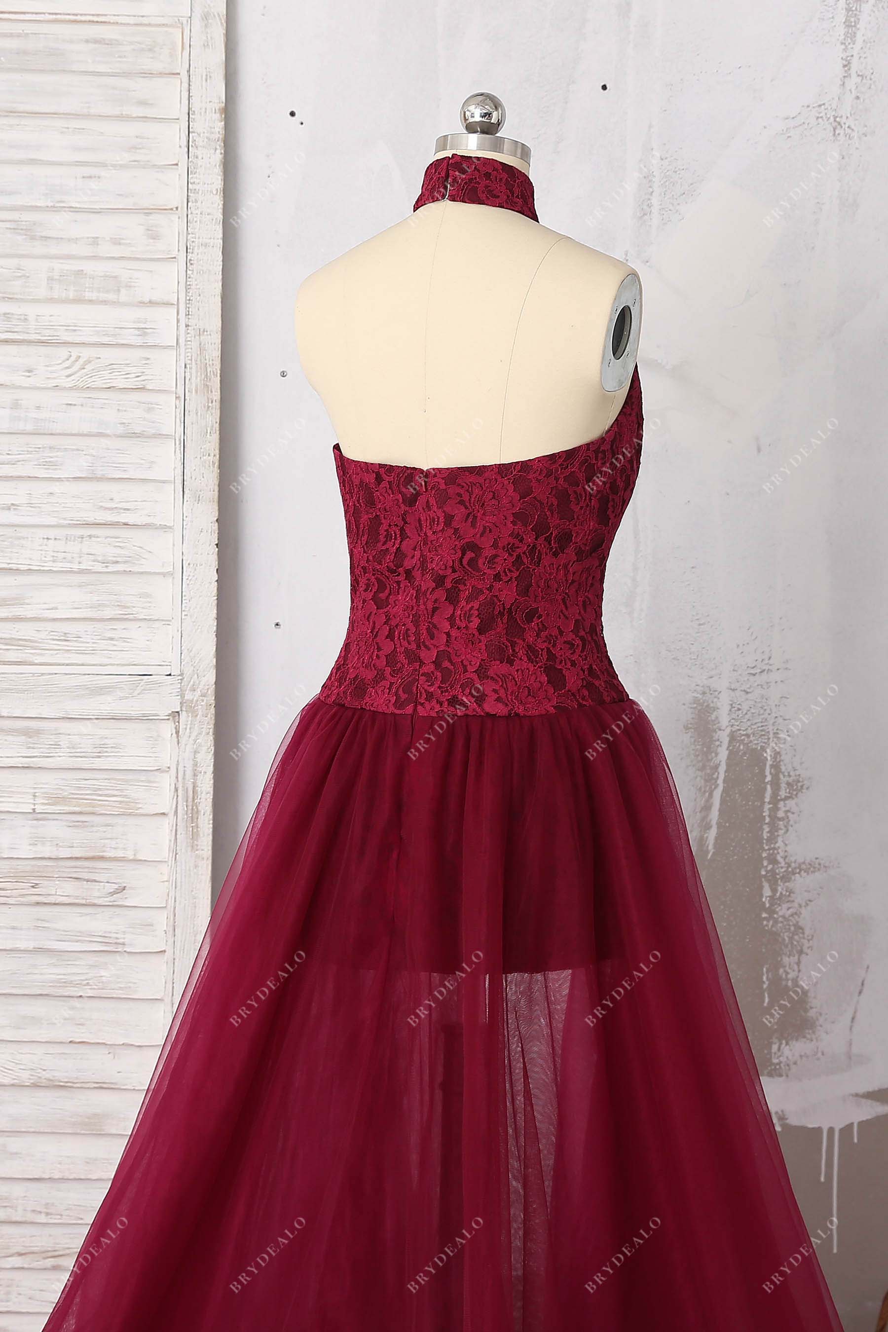 open back halter neck lace prom dress