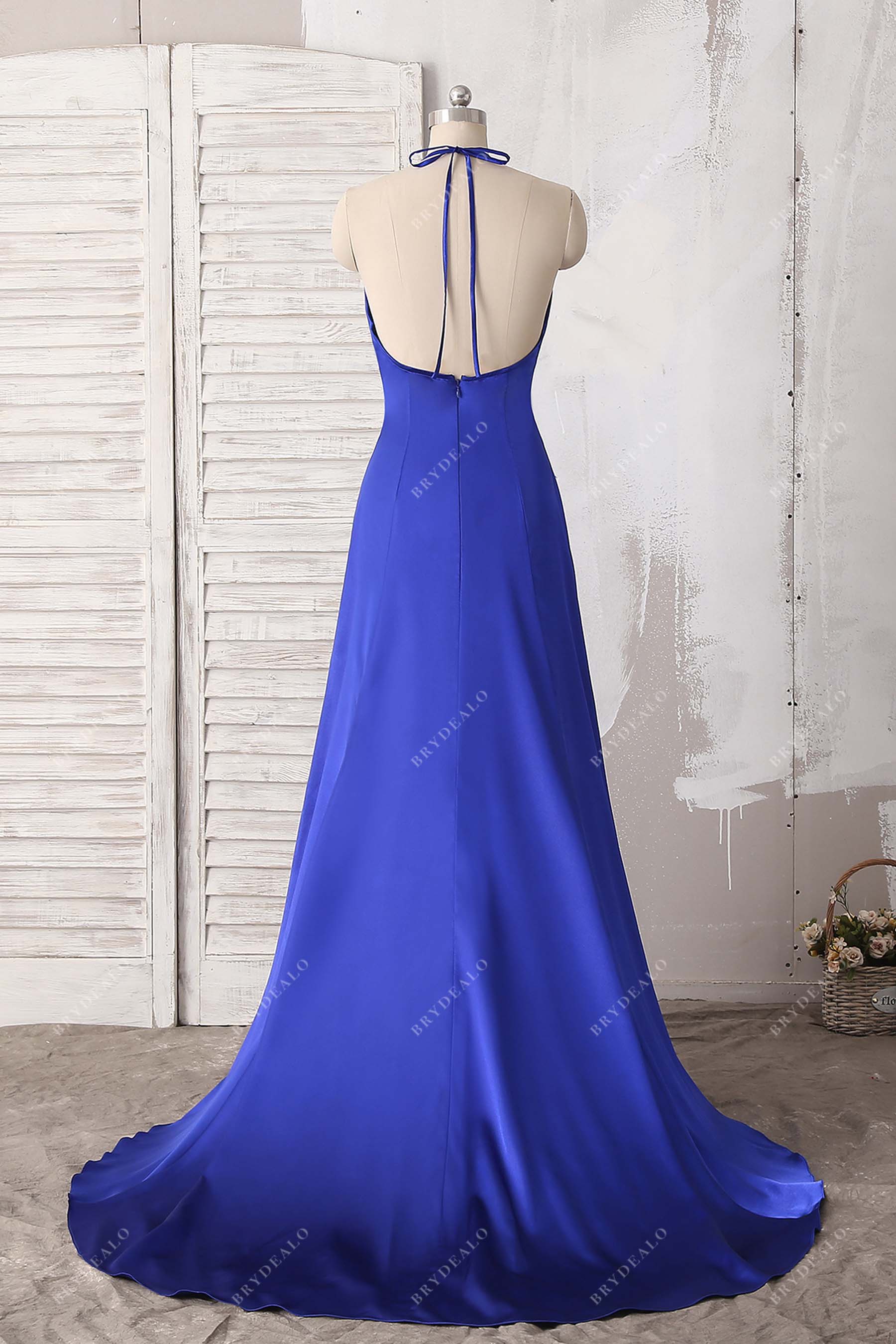 open back halter satin prom dress