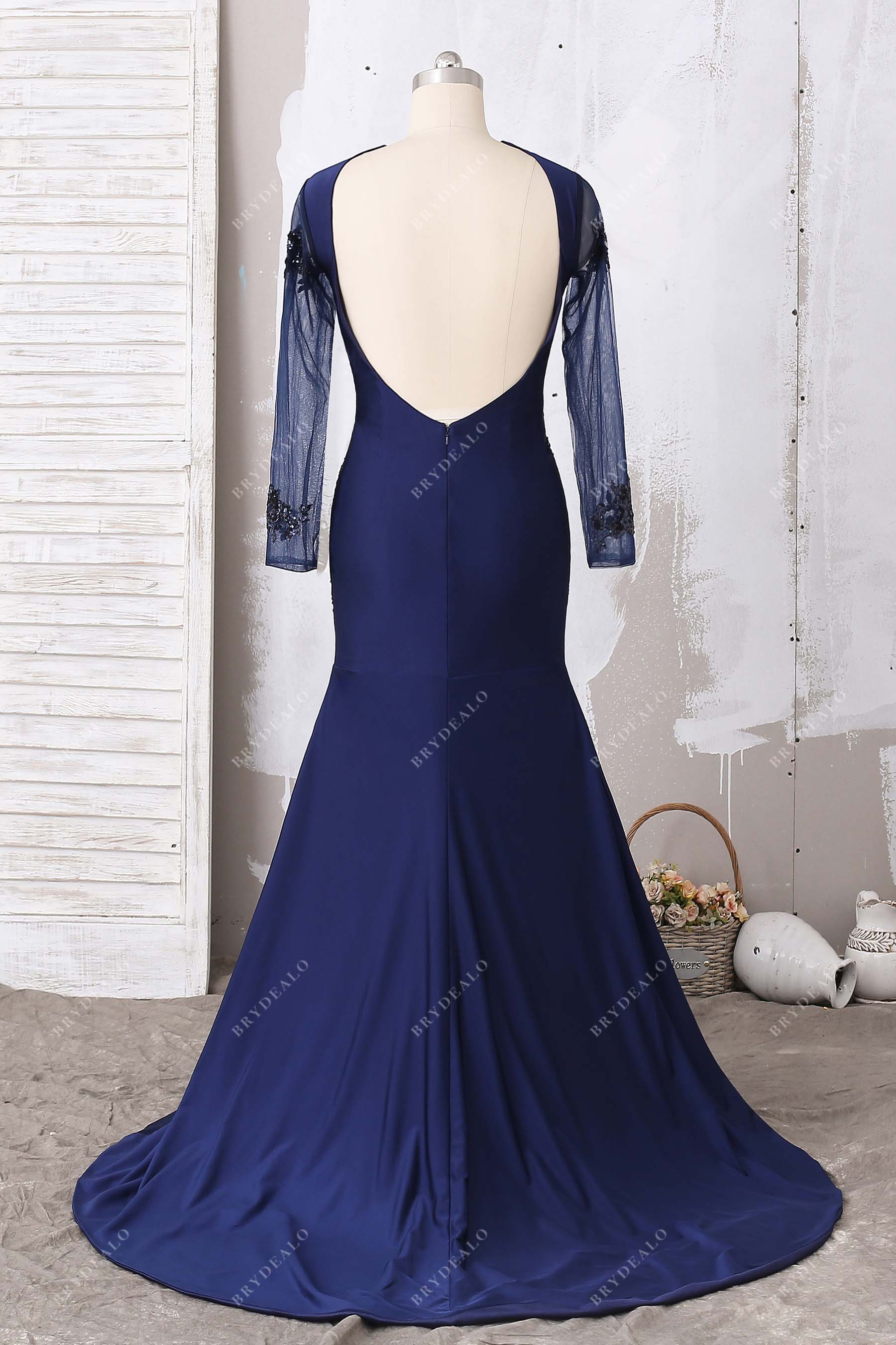 open back jersey navy blue prom dress