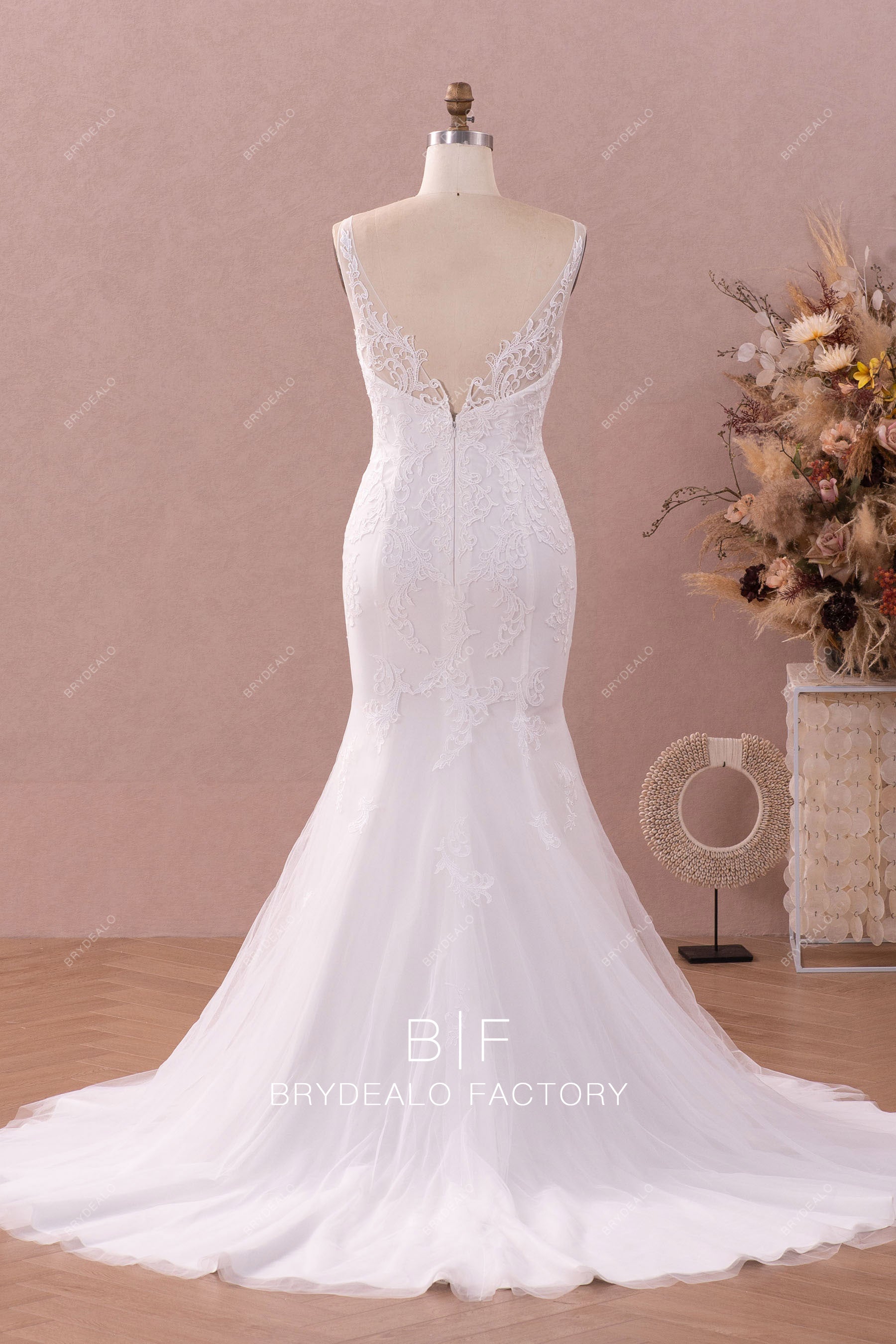 open back long lace mermaid wedding dress