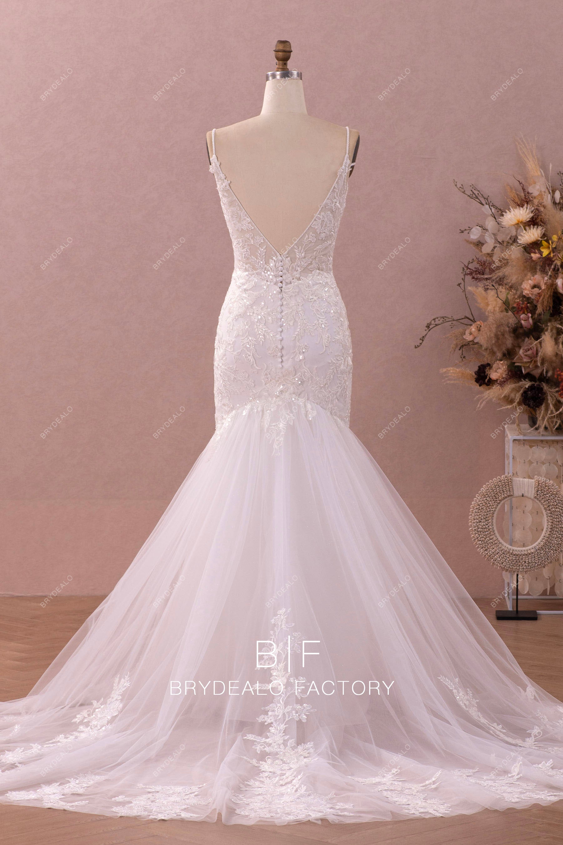 open back mermaid lace tulle long wedding gown