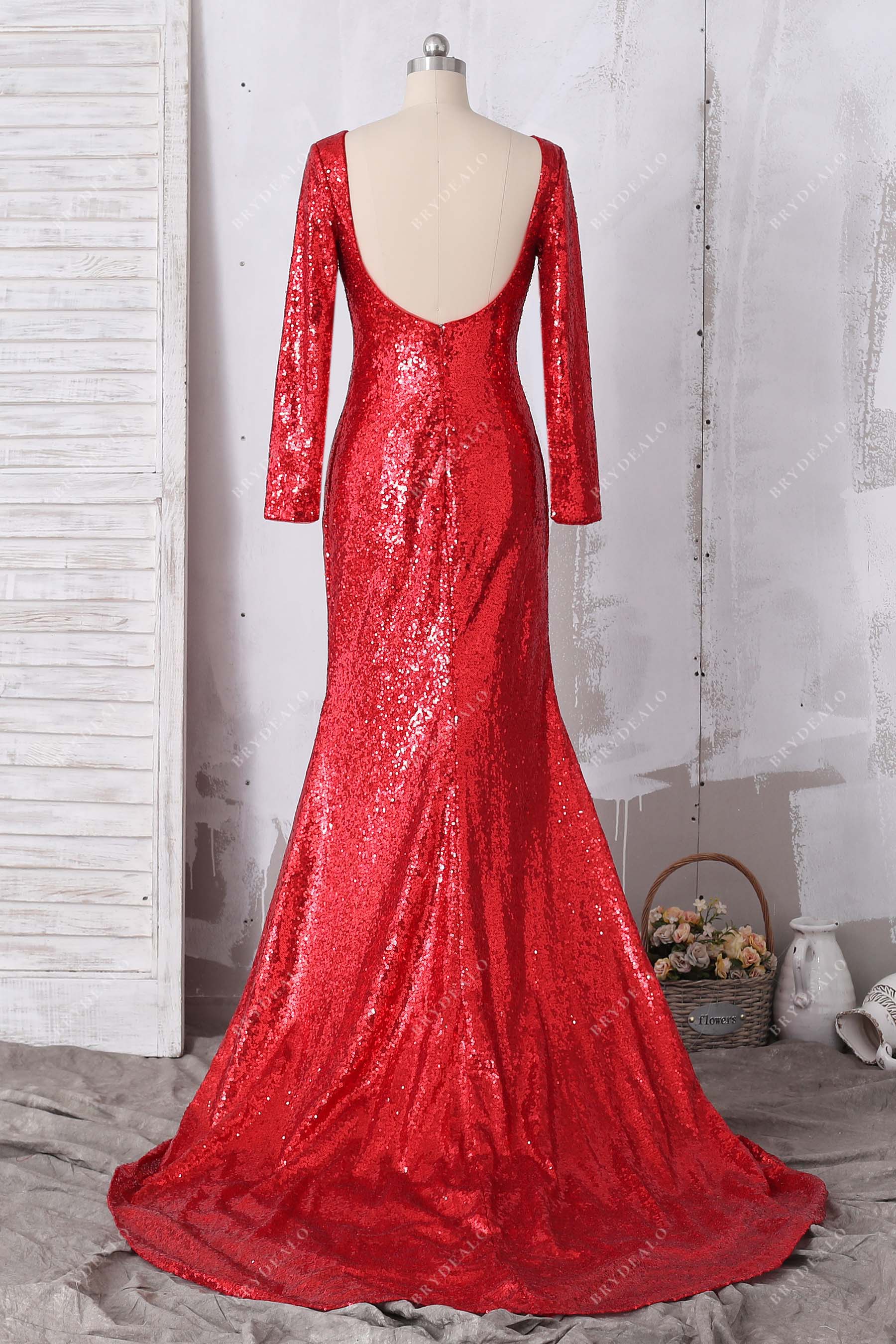 open back mermaid long sleeve prom gown