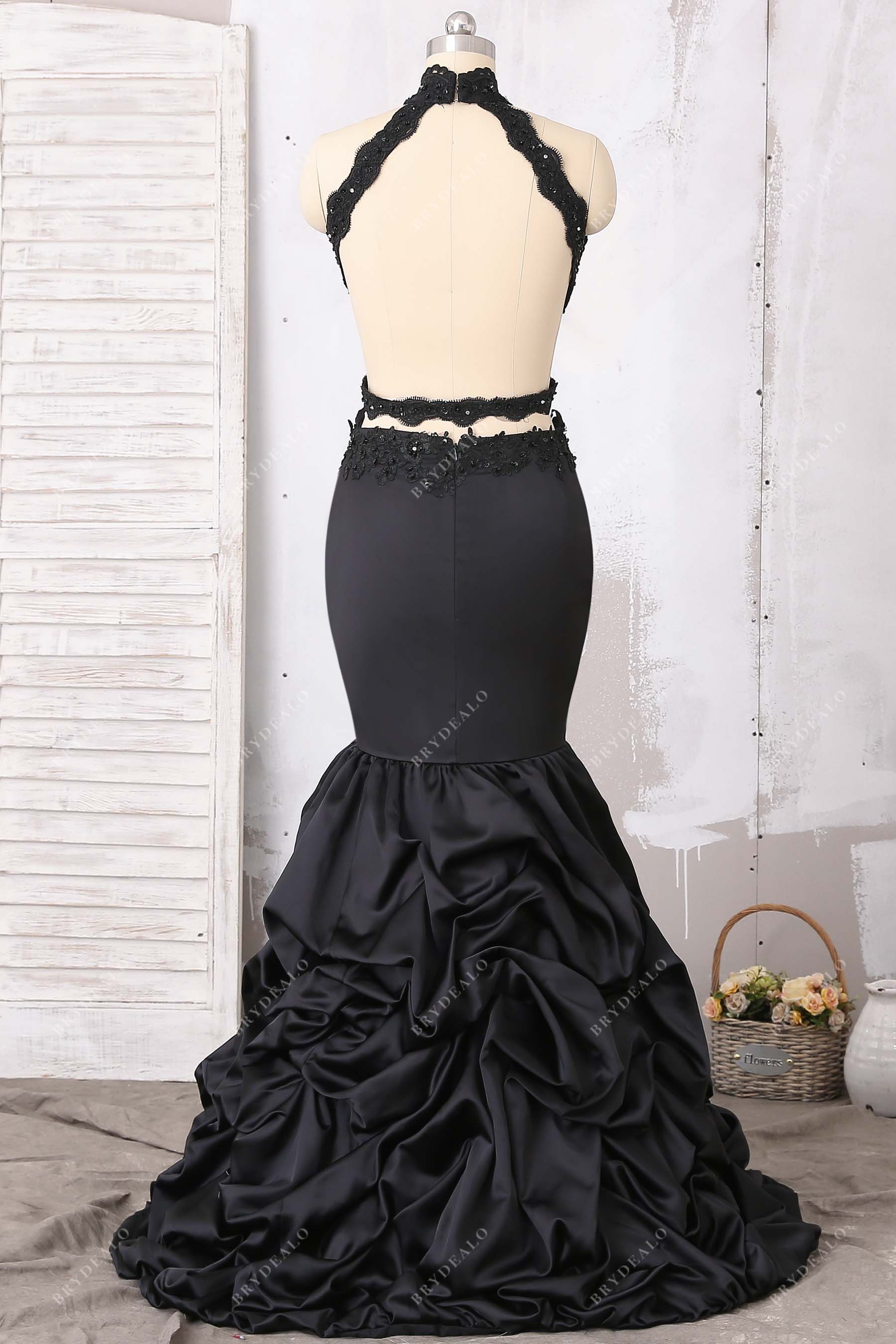 open back pick-up trumpet prom dress