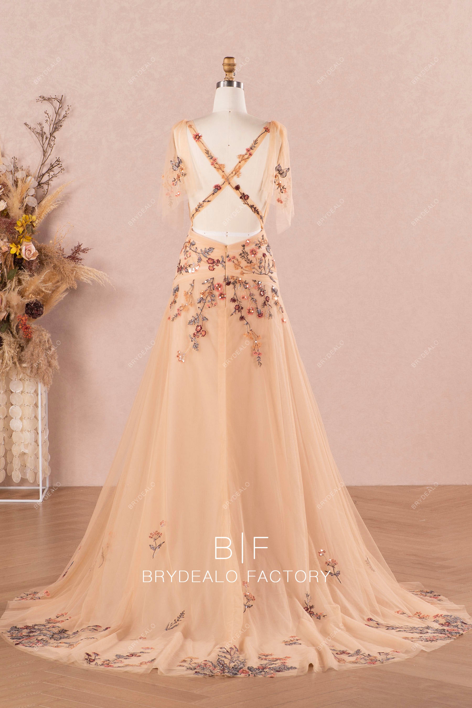 open criss-cross back nude tulle lace wedding dress