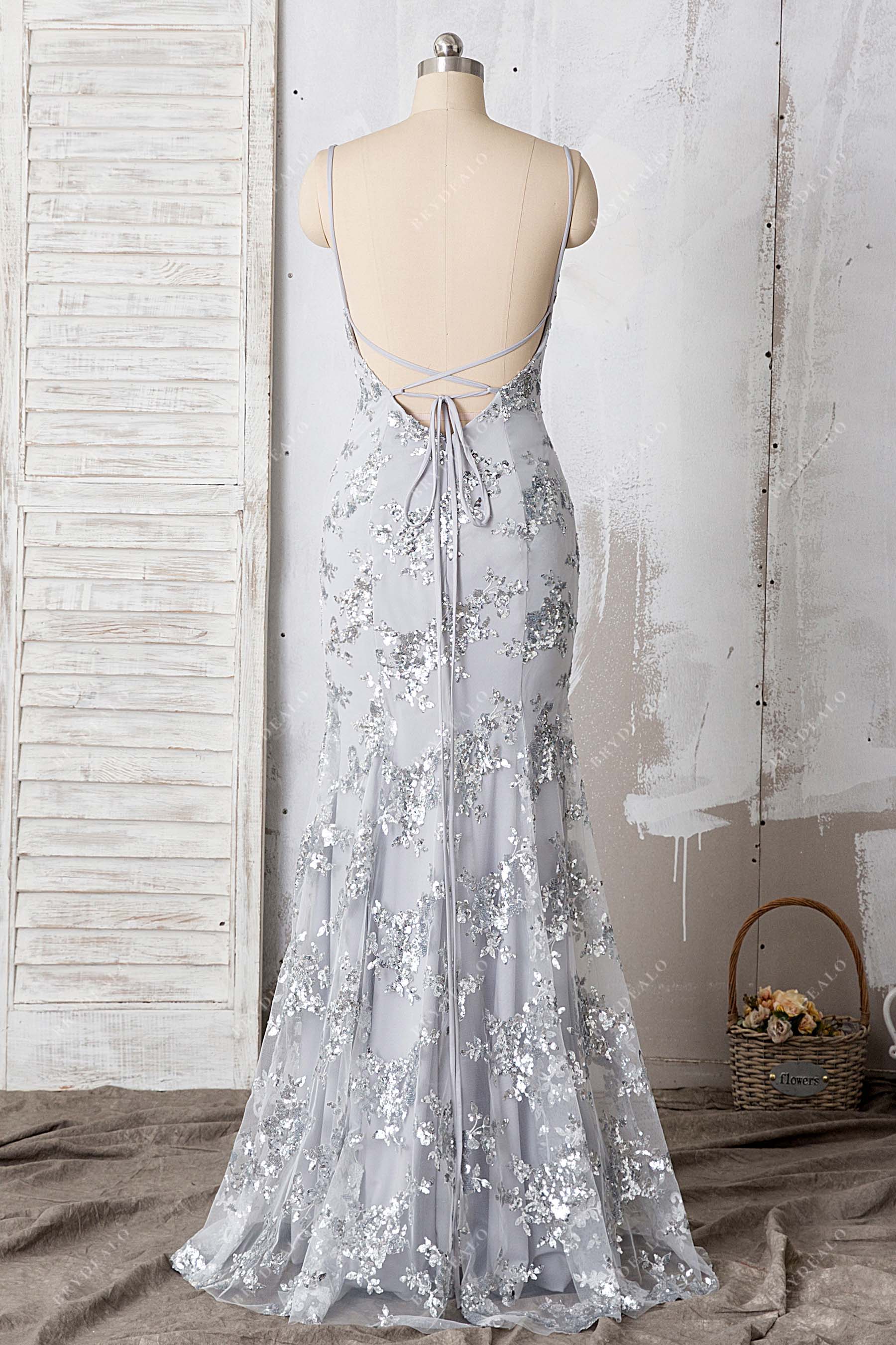 open crisscross back fit and flare prom gown