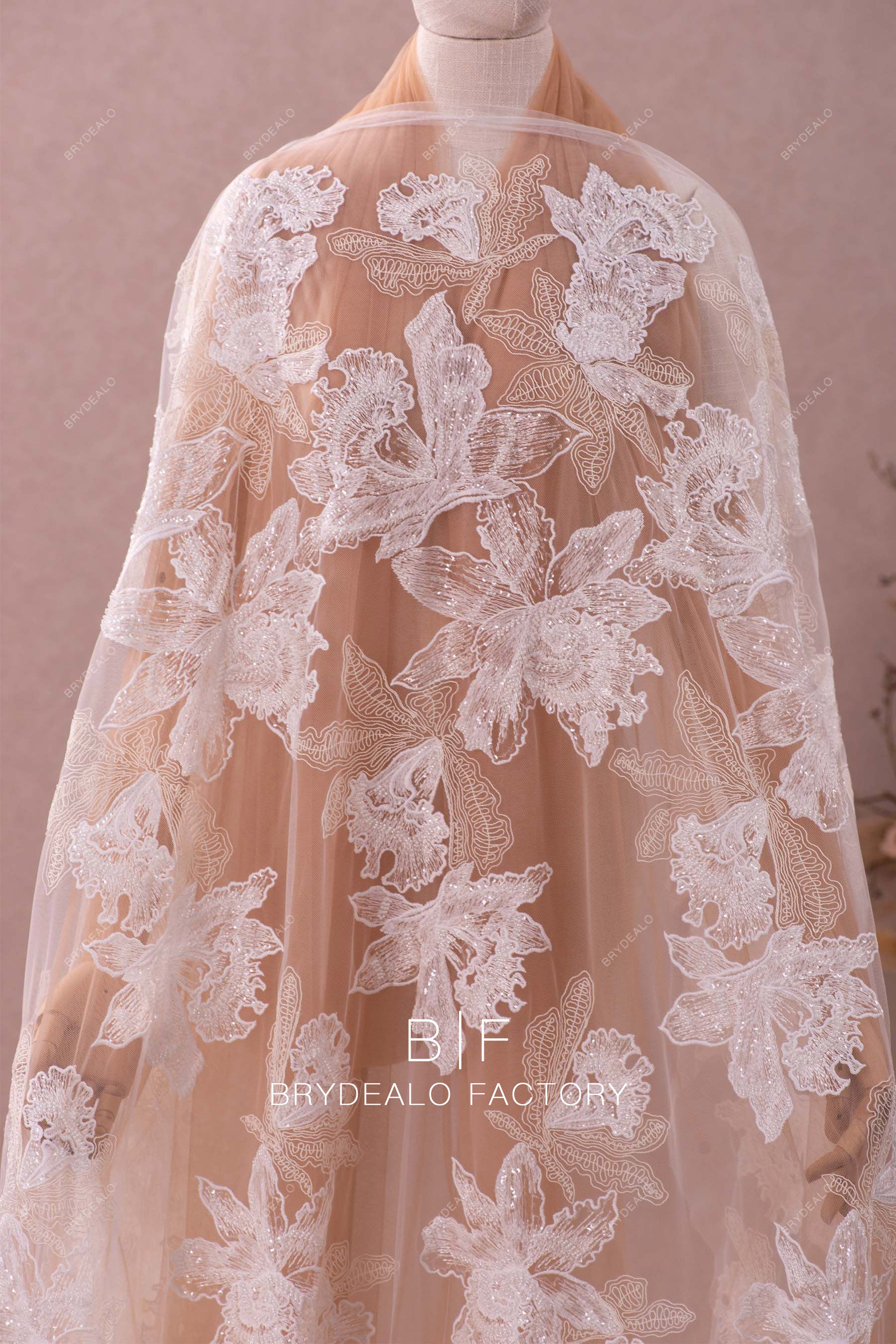 organic beaded flower lace fabric