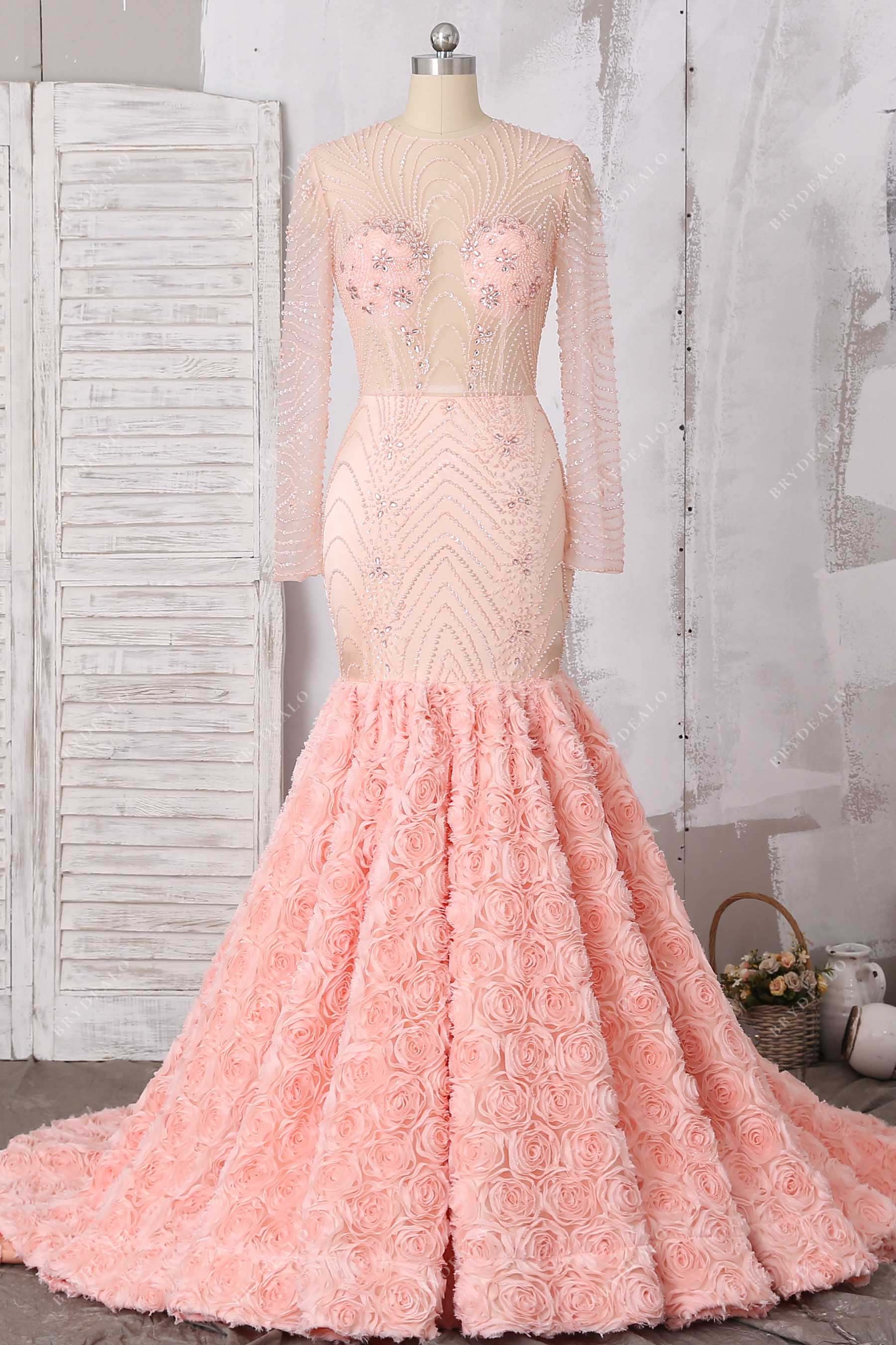 beaded trumpet prom dress Beaded Sheer Peach Pink 3D Rose Trumpet Prom Gown