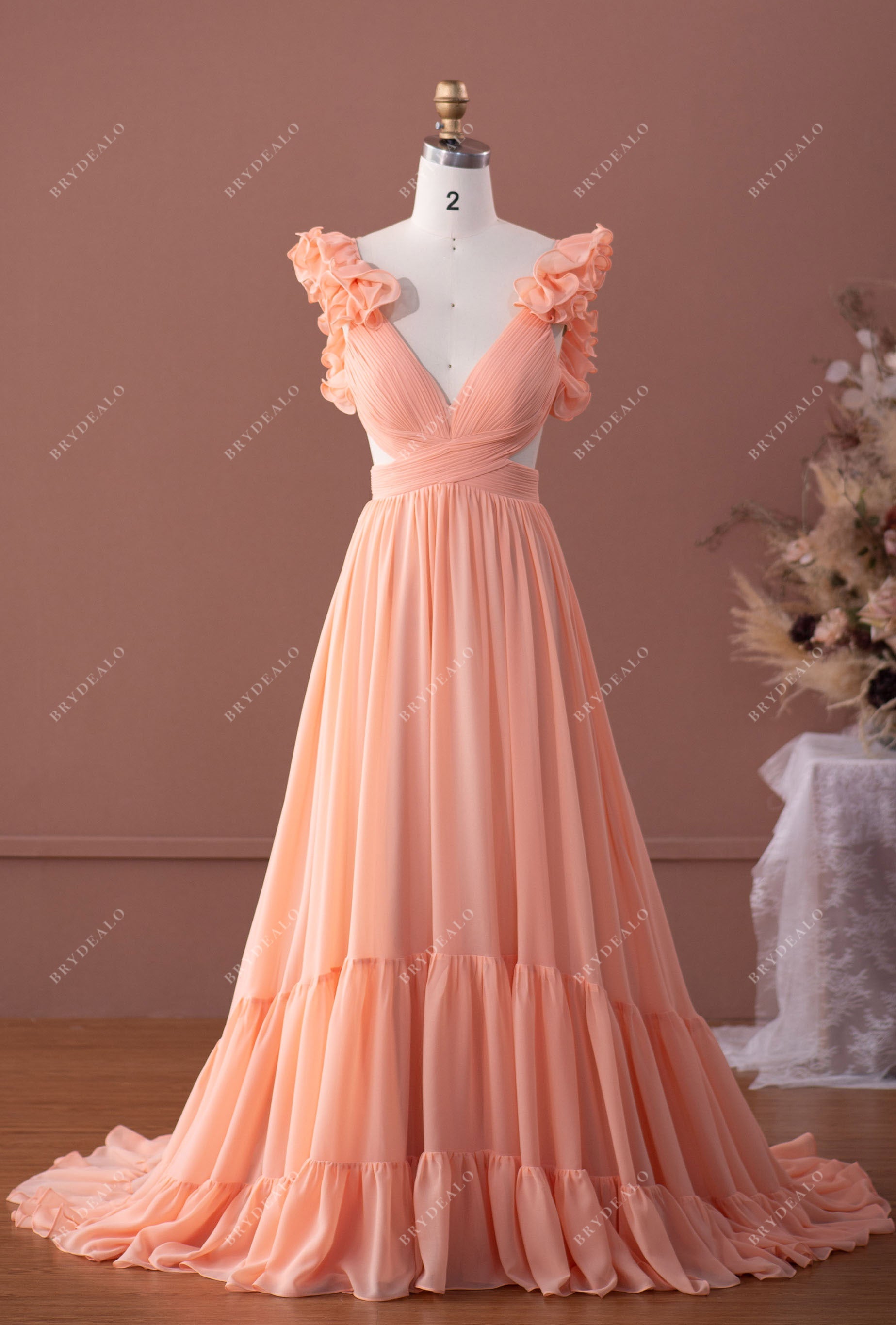 Peach Ruffled Sleeve Flowing Chiffon Formal Dress