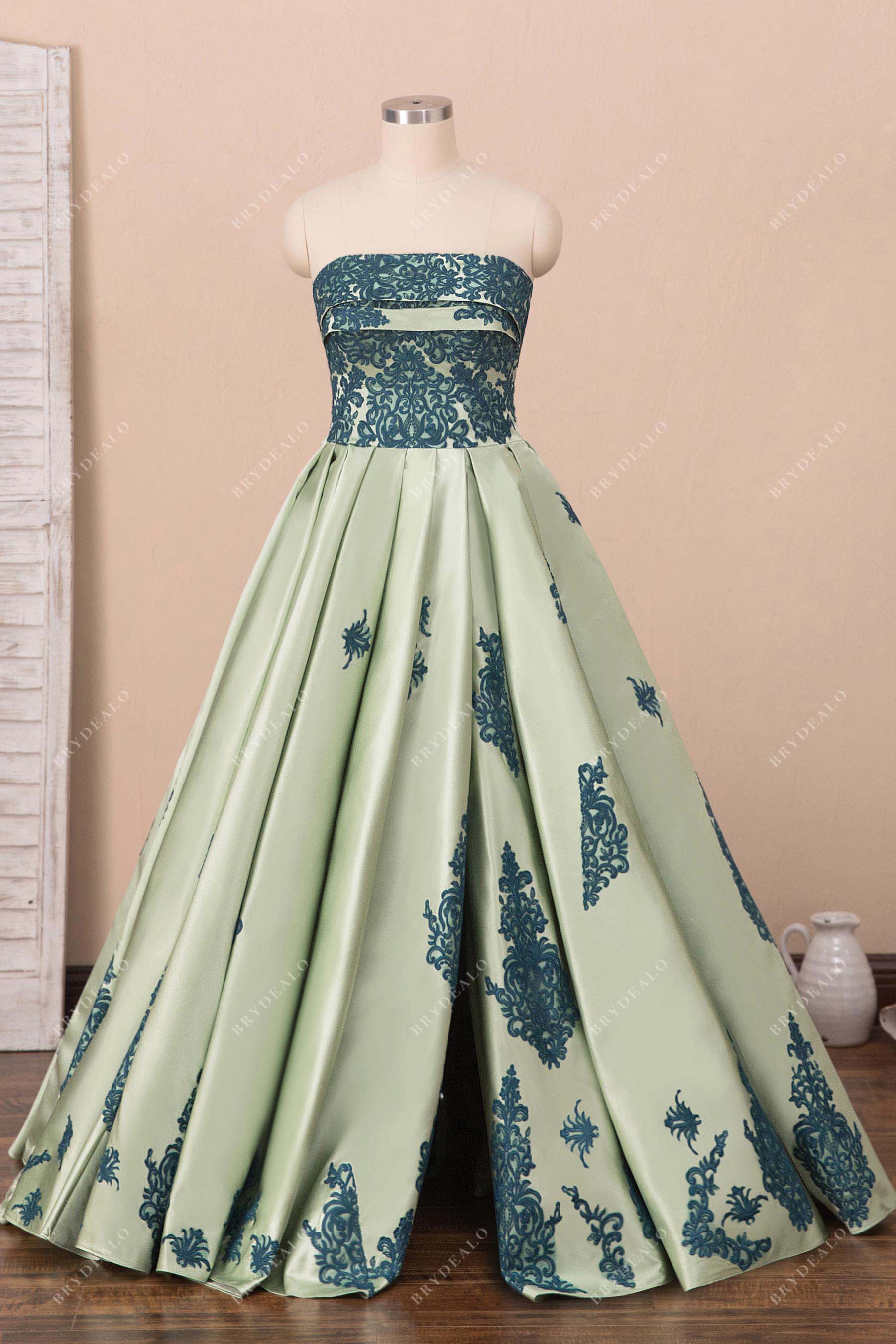 peacock applique sage satin slit prom gown