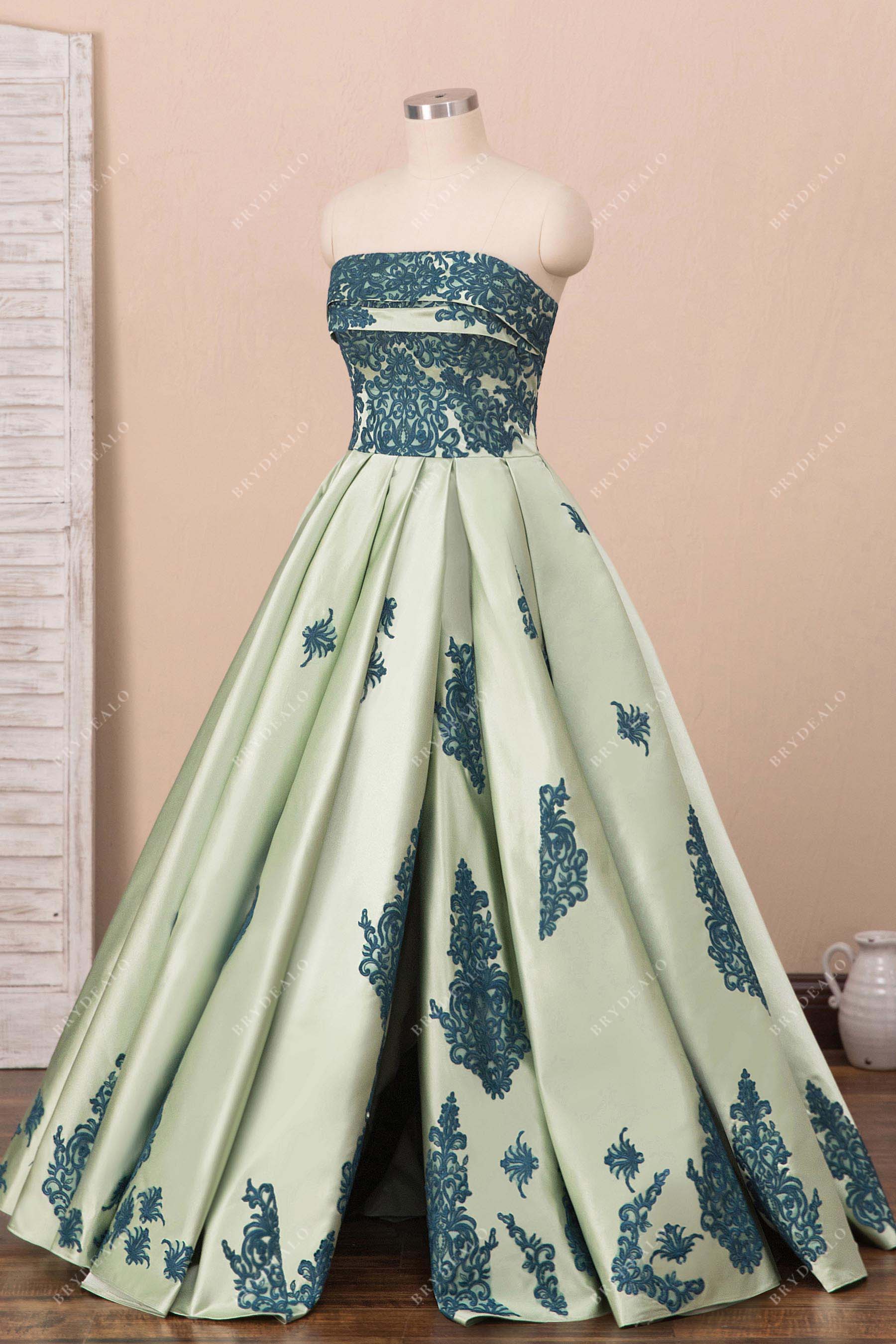 peacock lace sage satin slit prom dress