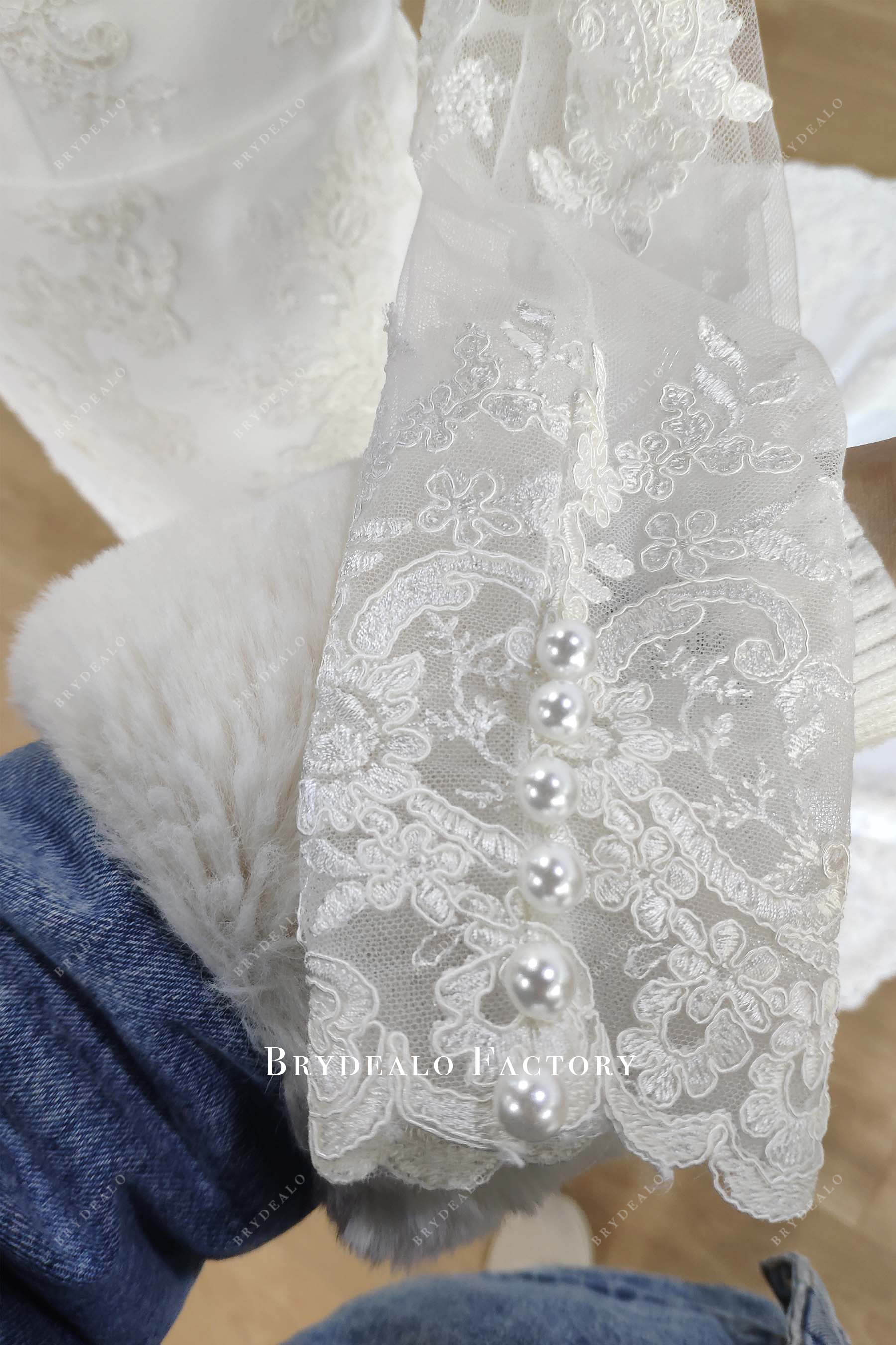pearl closure long sleeves wedding dress