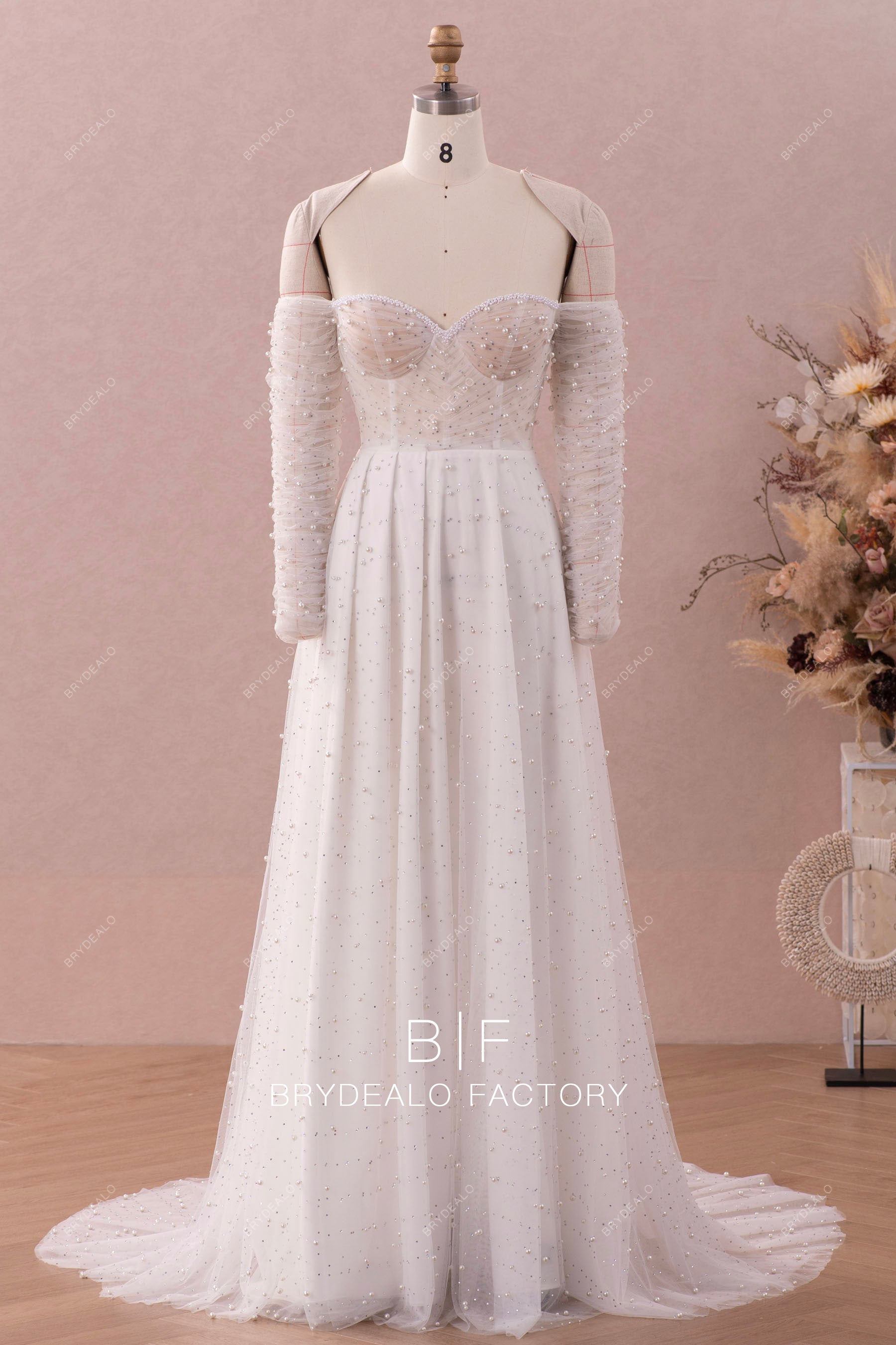 pearl off the shoulder wedding dress Pearls Pleated Sleeve Sweetheart Illusion A-line Bridal Gown