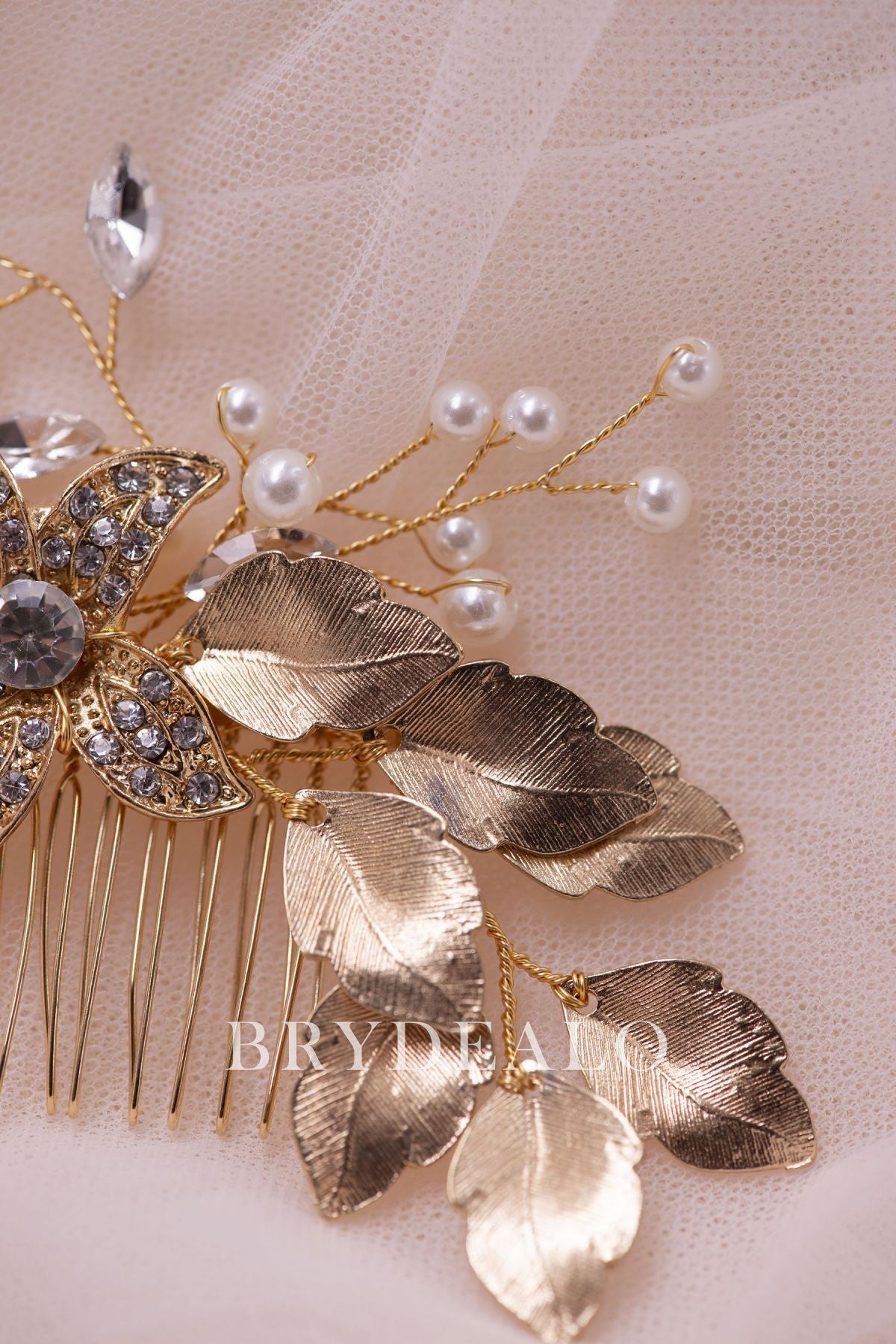 Metallic Flower Leaf Rhinestones Comb
