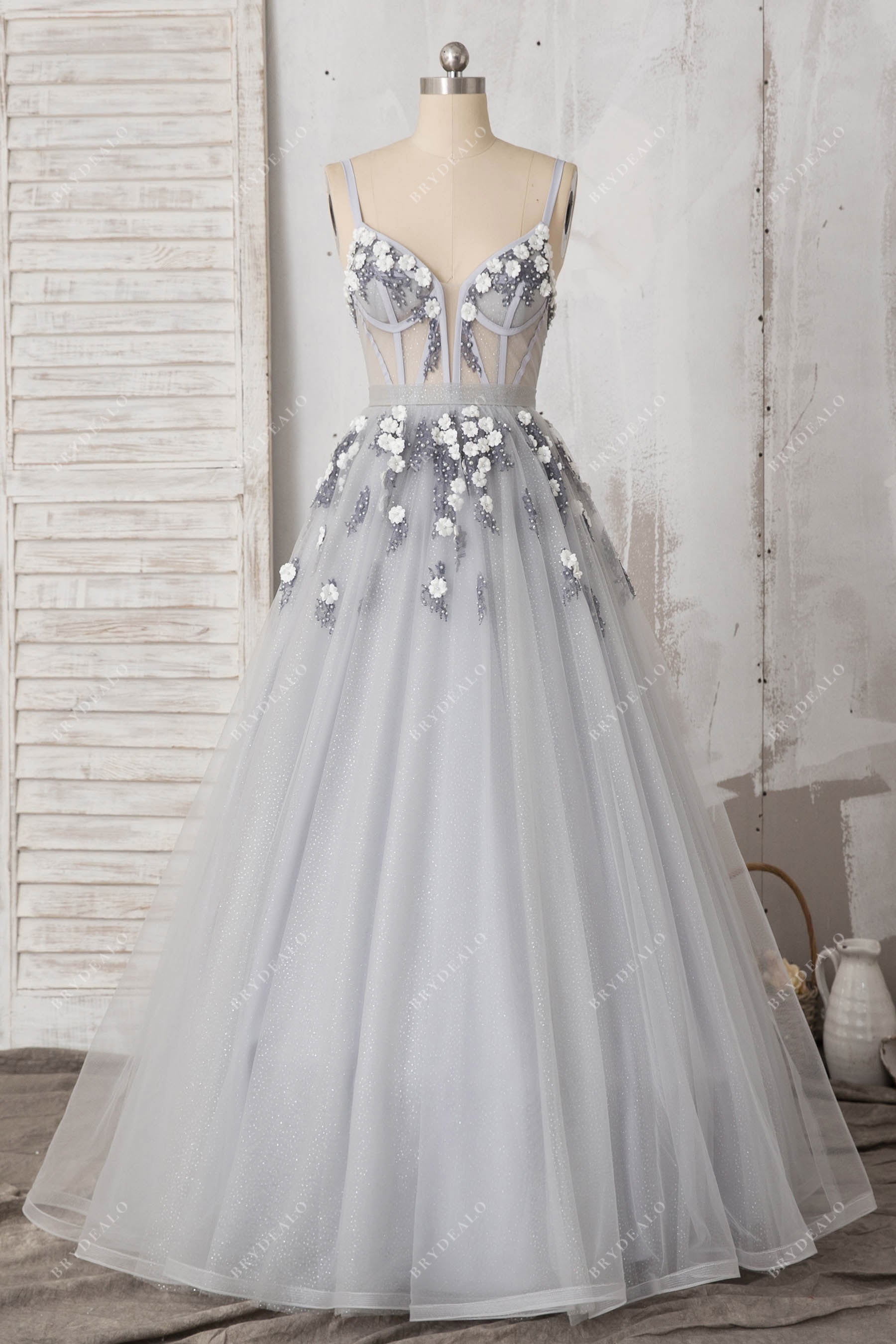 Pearls Flower Silver Sweetheart Corset Prom Dress Pearls Flower Silver Sweetheart Corset Prom Dress