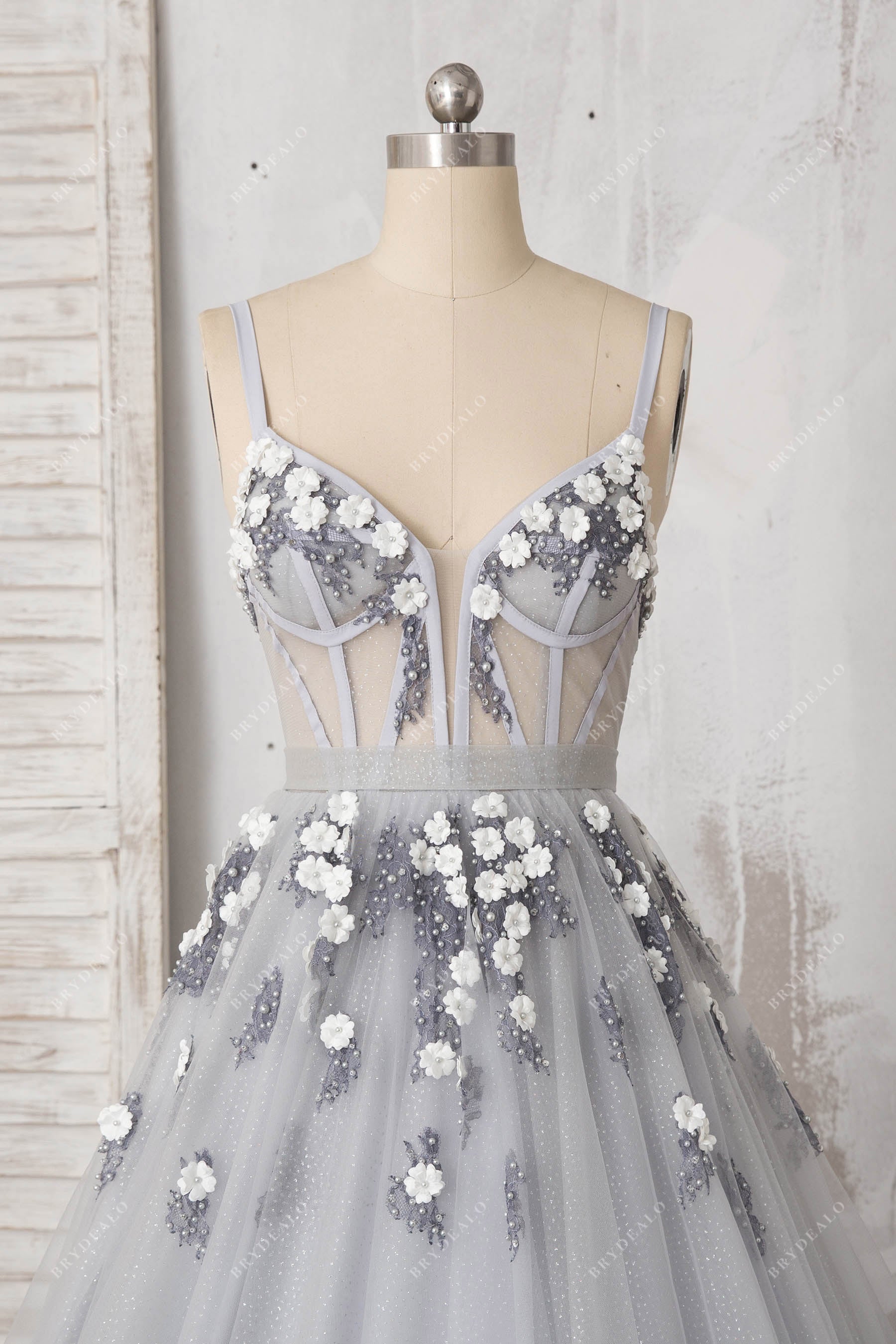 Pearls Flower Silver Corset Prom Dress