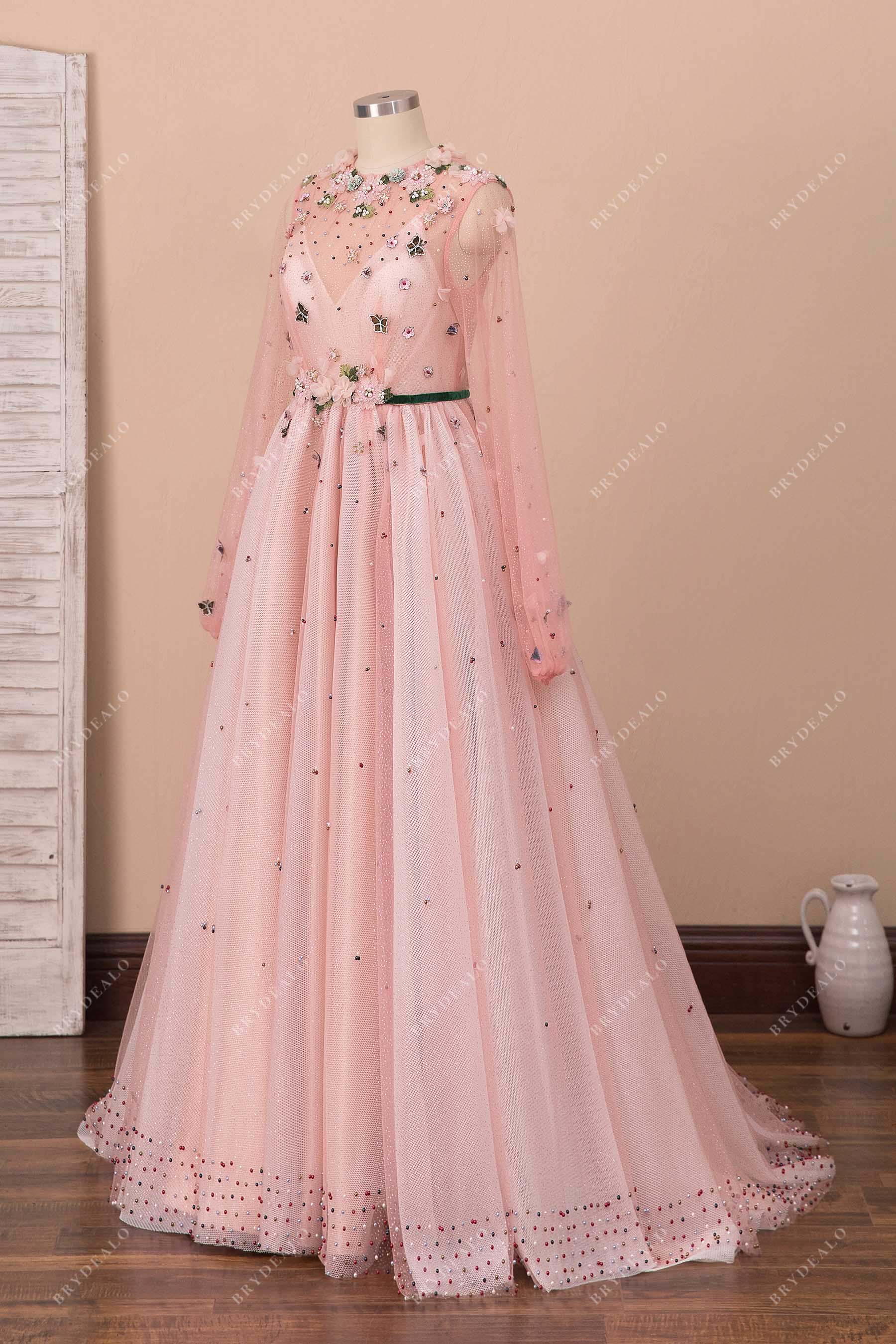 pearls illusion neck mesh pink prom gown