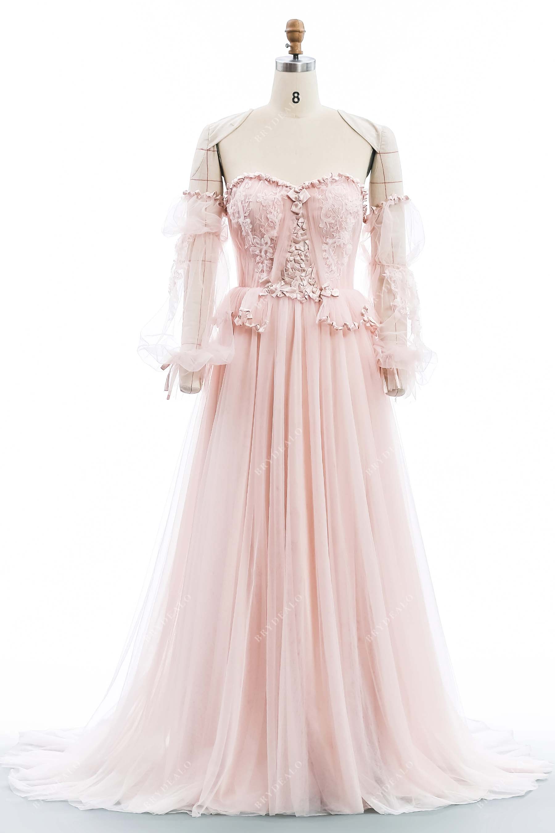Pearl Pink Lace Tulle Sweetheart A-line Wedding Dress Light Ivory