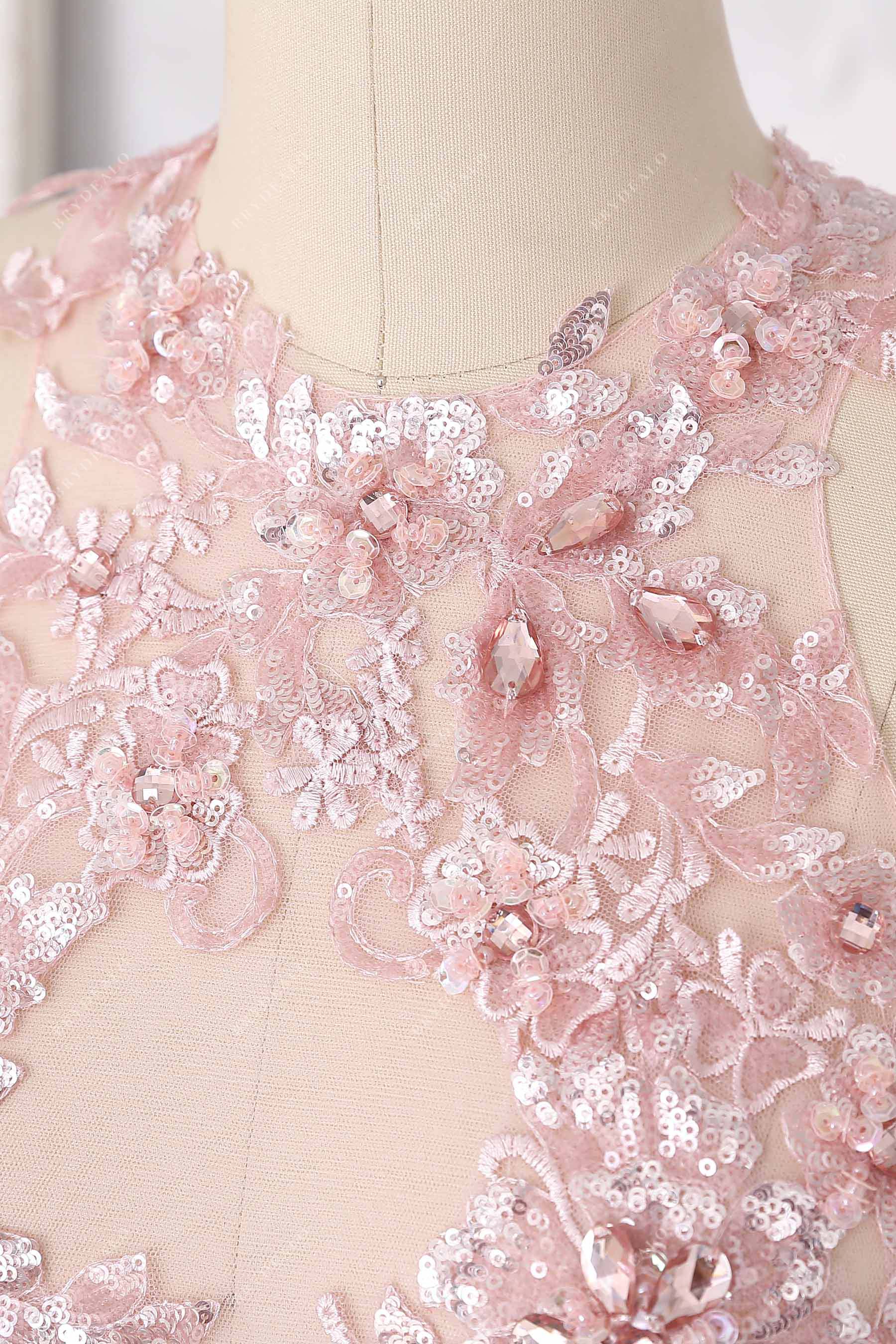 pink crystals sequined lace halter prom gown