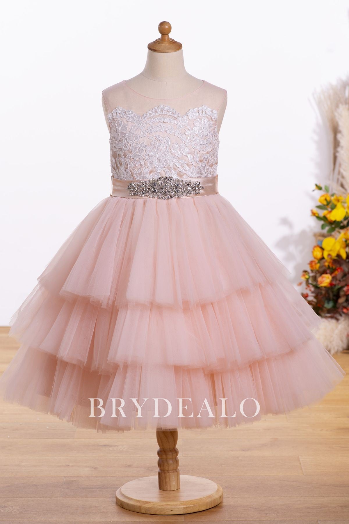 Lace Pink Knee Length Tiered Flower Girl Dress
