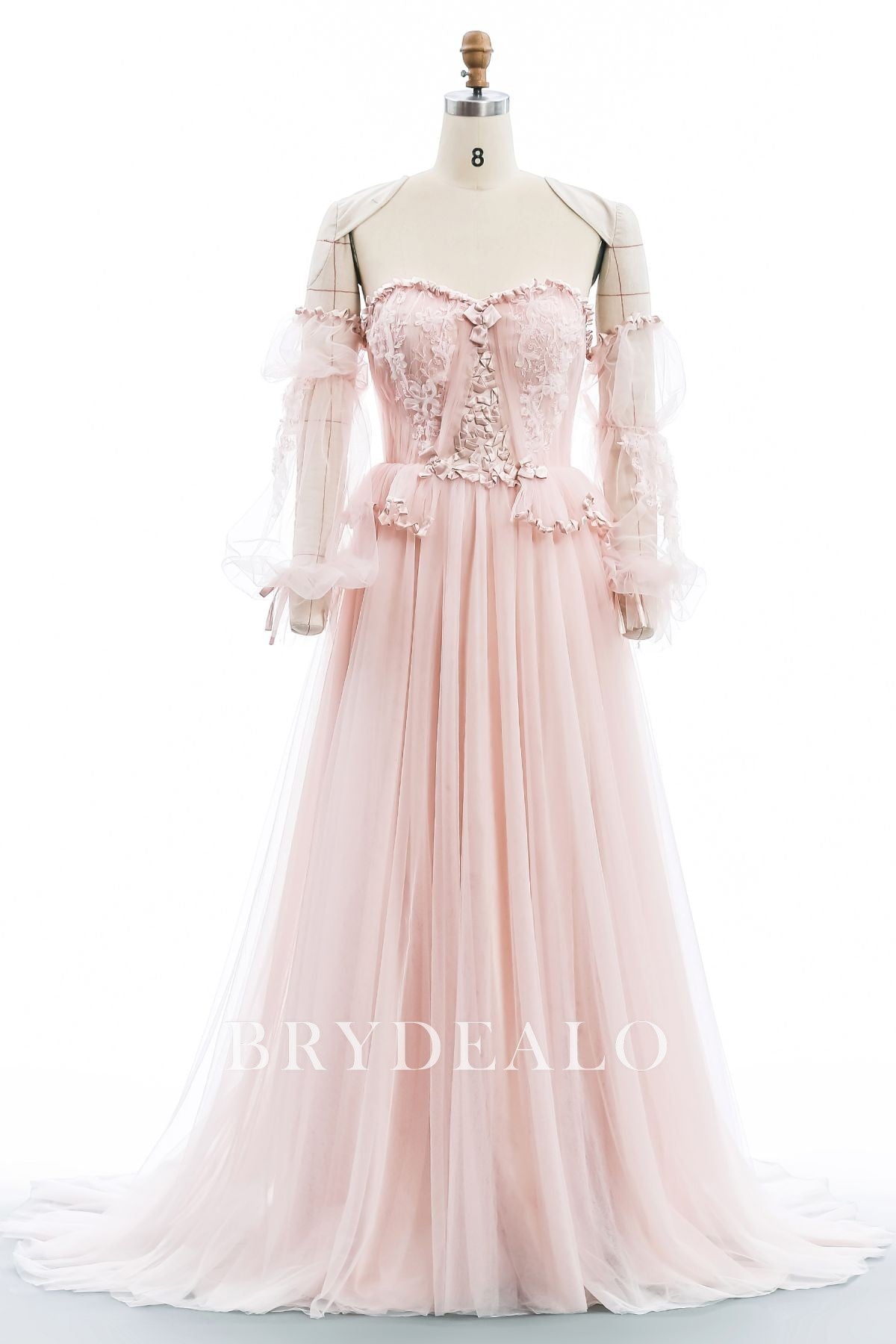 Vintage Pink Lace Tulle Sweetheart A-line Wedding Dress Light Ivory