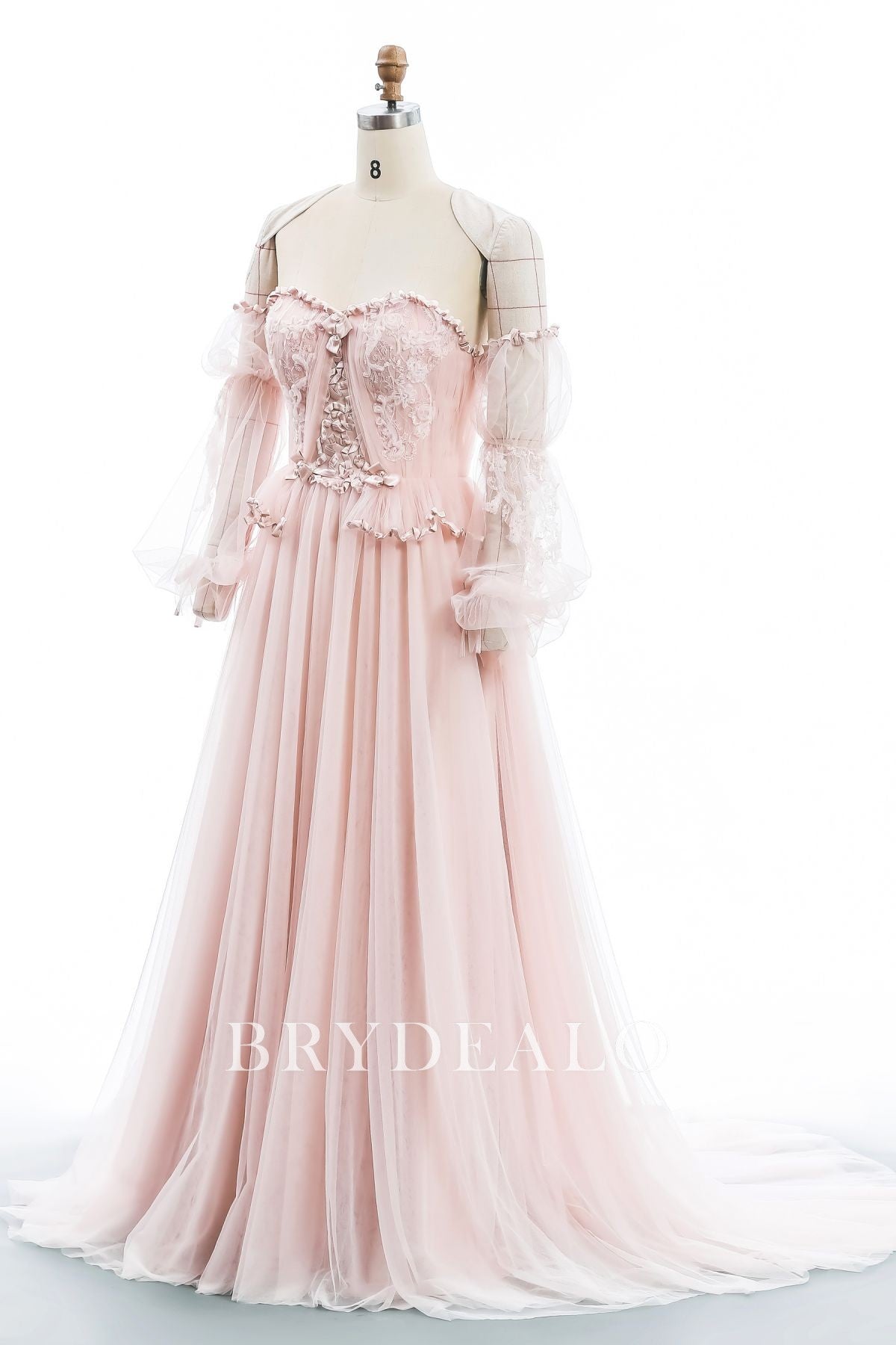 off shoulder pink tulle bridal gown