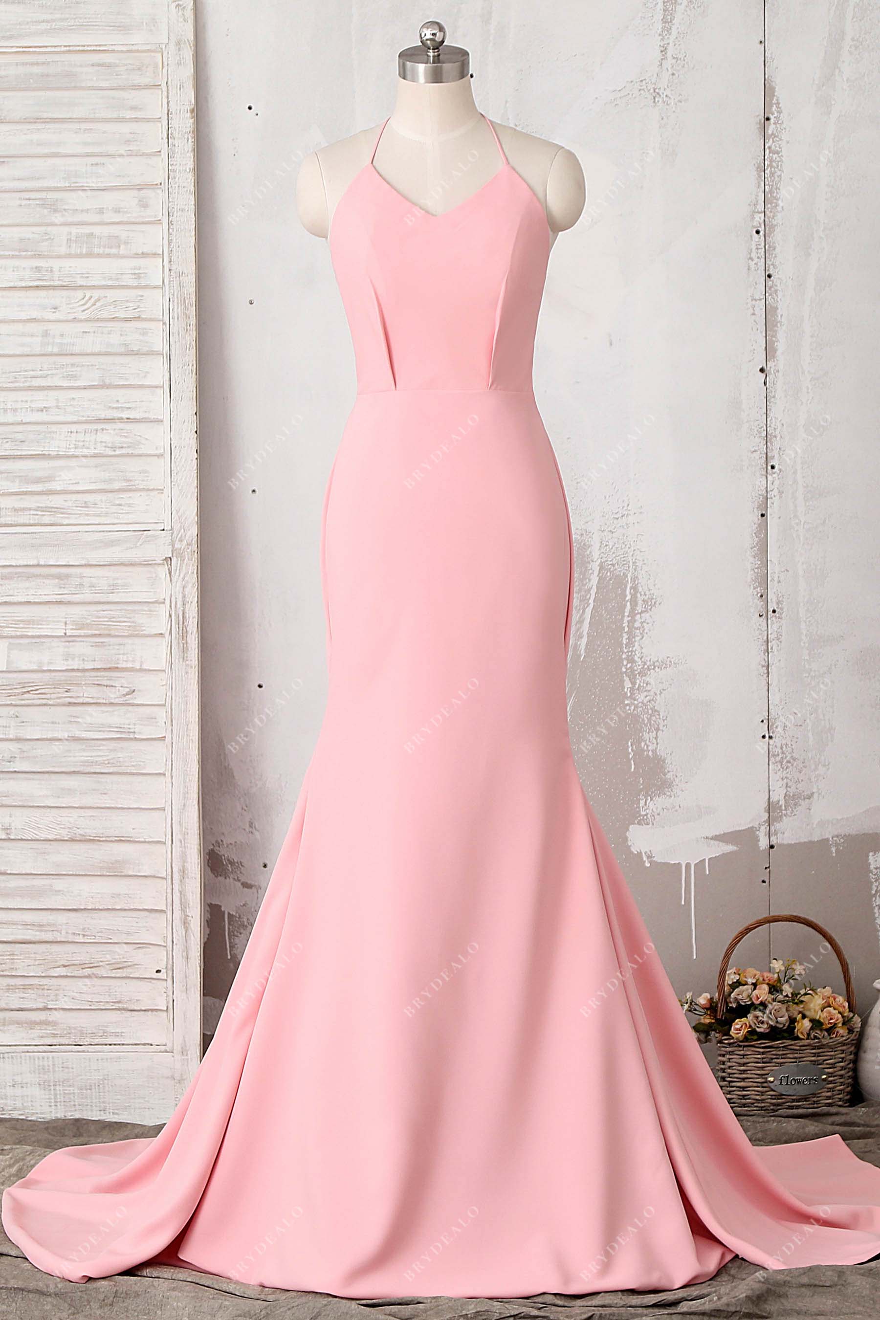 pink matte mermaid halter prom dress