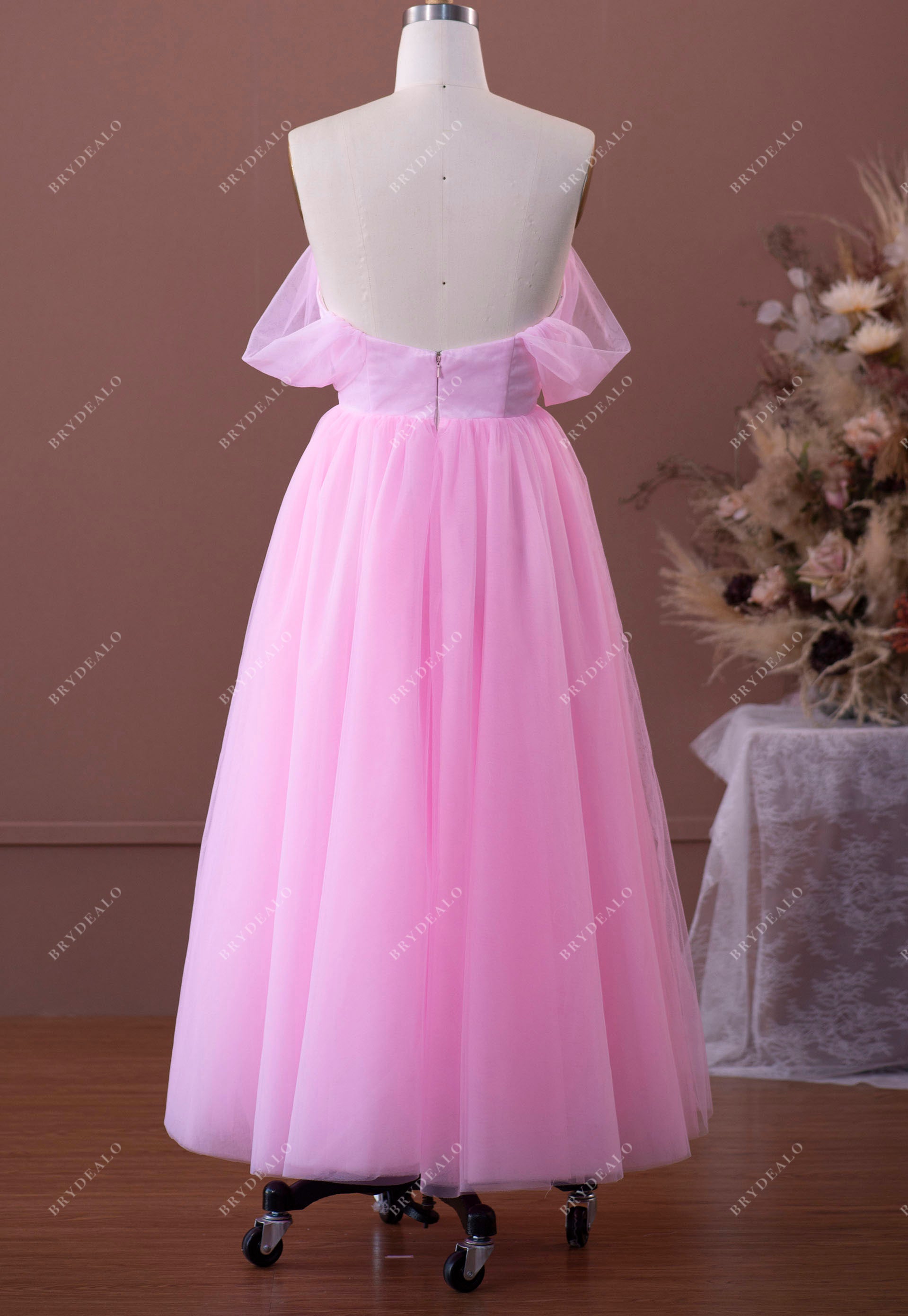 pink off-shoulder tulle A-line bridesmaid gown