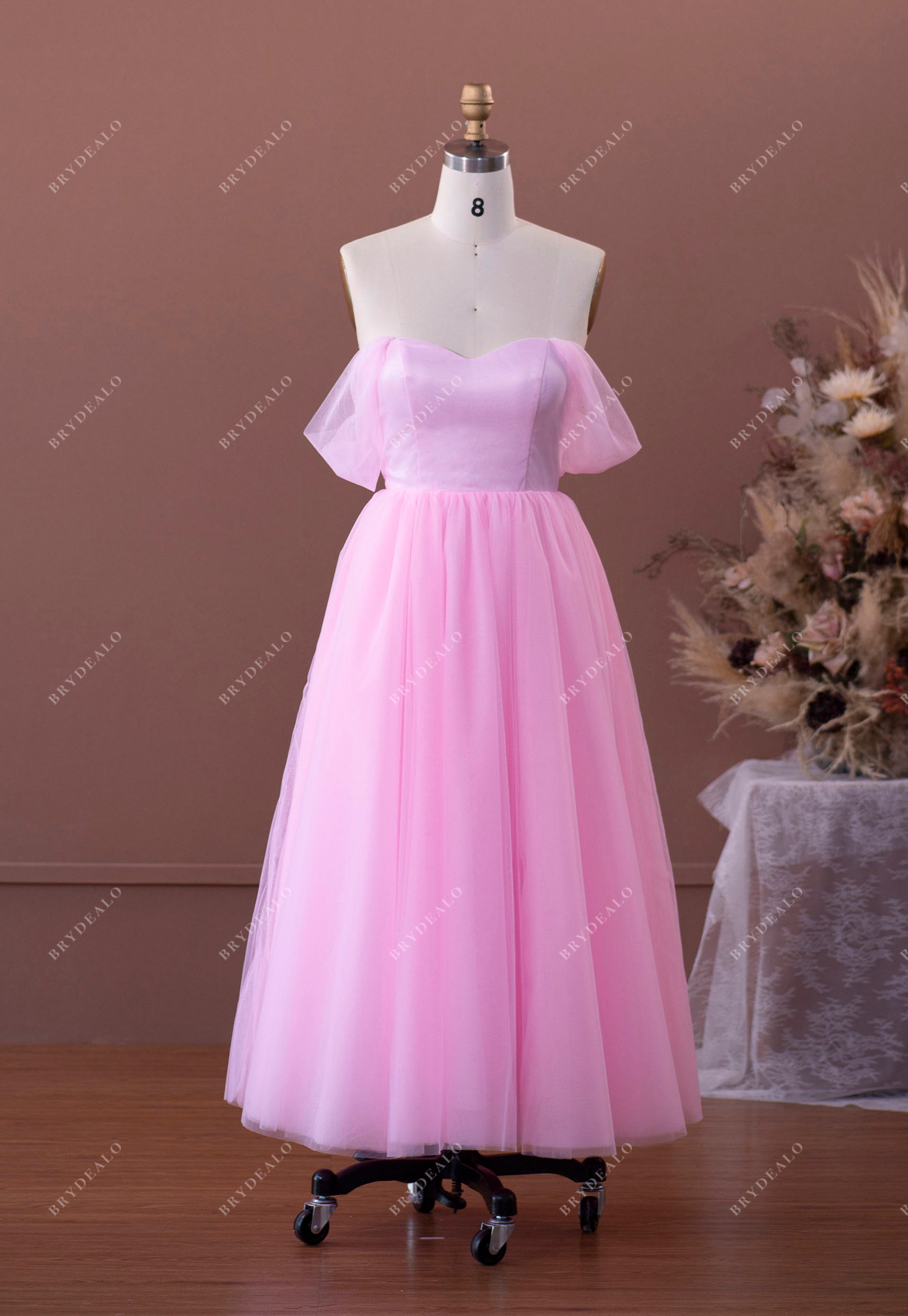 pink off-shoulder tulle A-line formal dress
