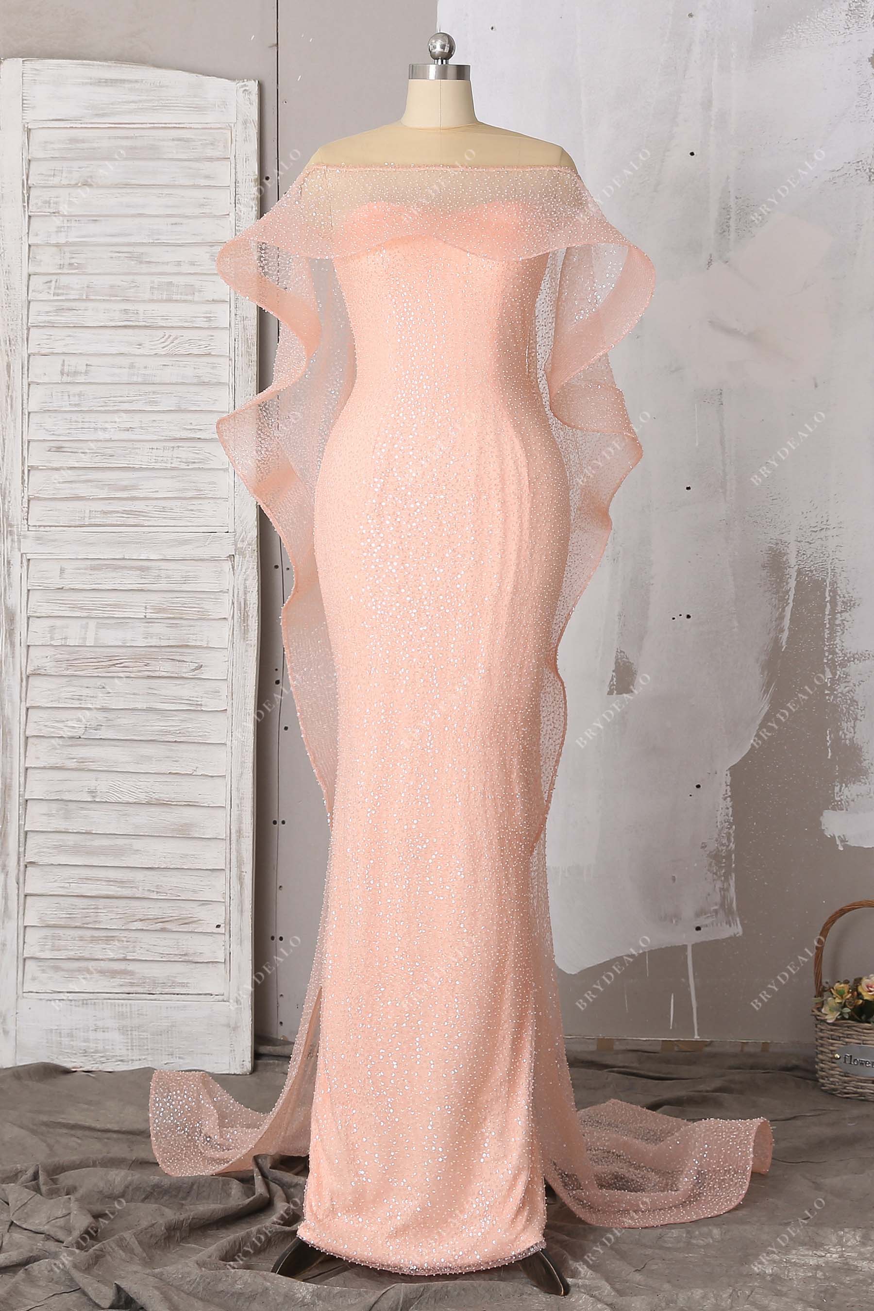 Pink Glitter Prom Dress with Cascading Ruffled Cape Pink Glitter Prom Dress with Cascading Ruffled Cape