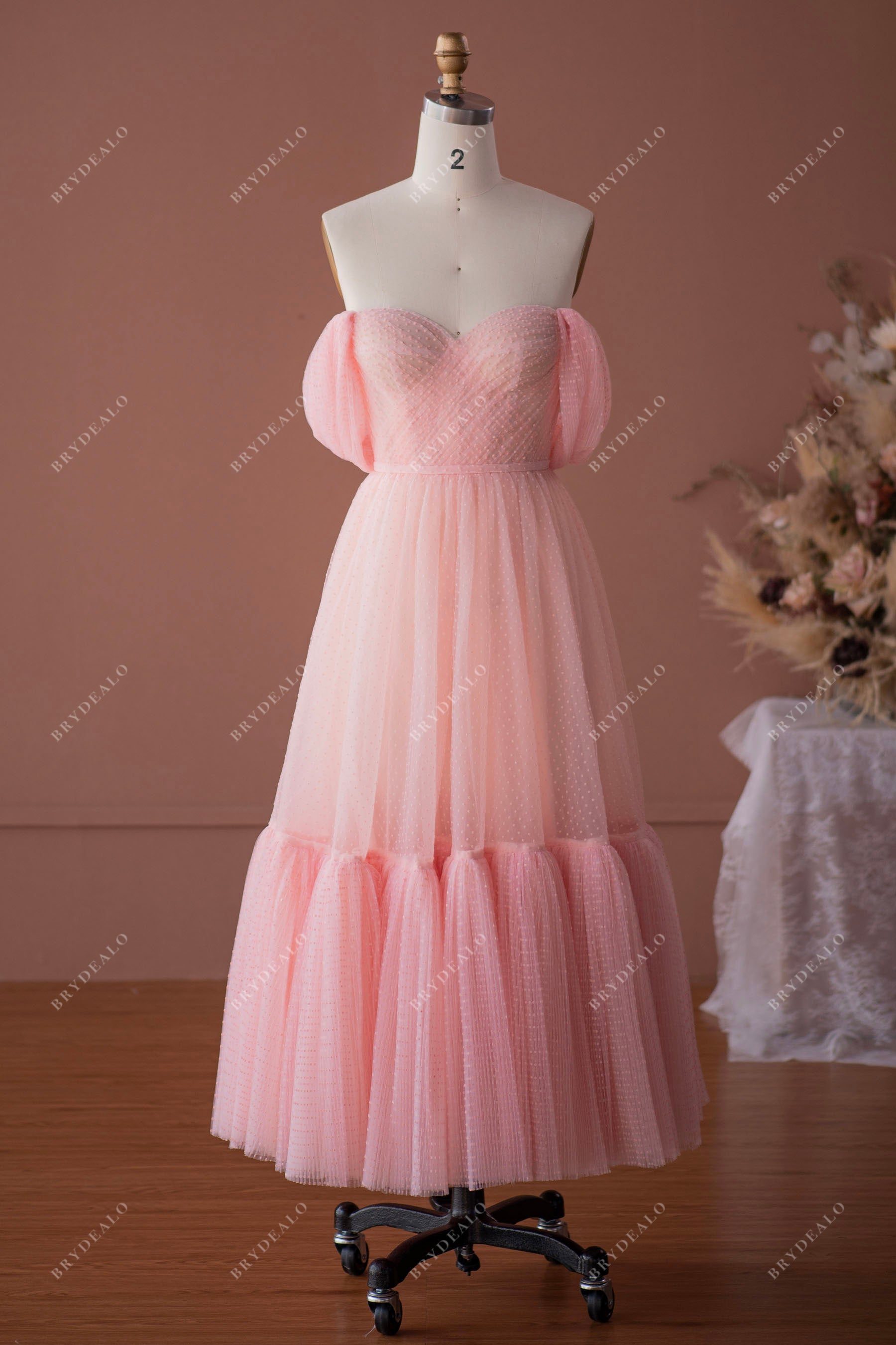 Pink Tulle Off-shoulder Tea Length Formal Dress