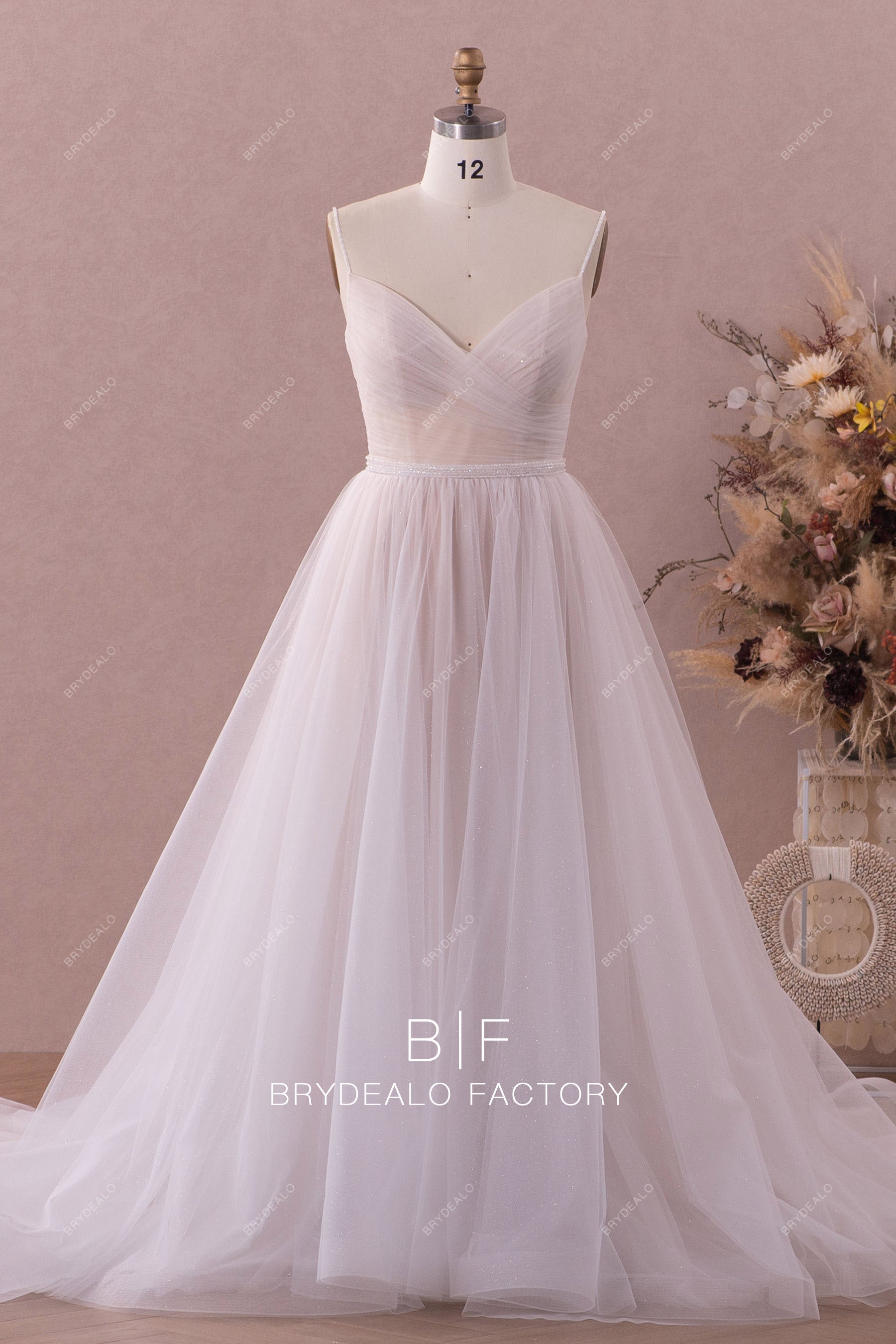 pleated V-neck aline wedding dress