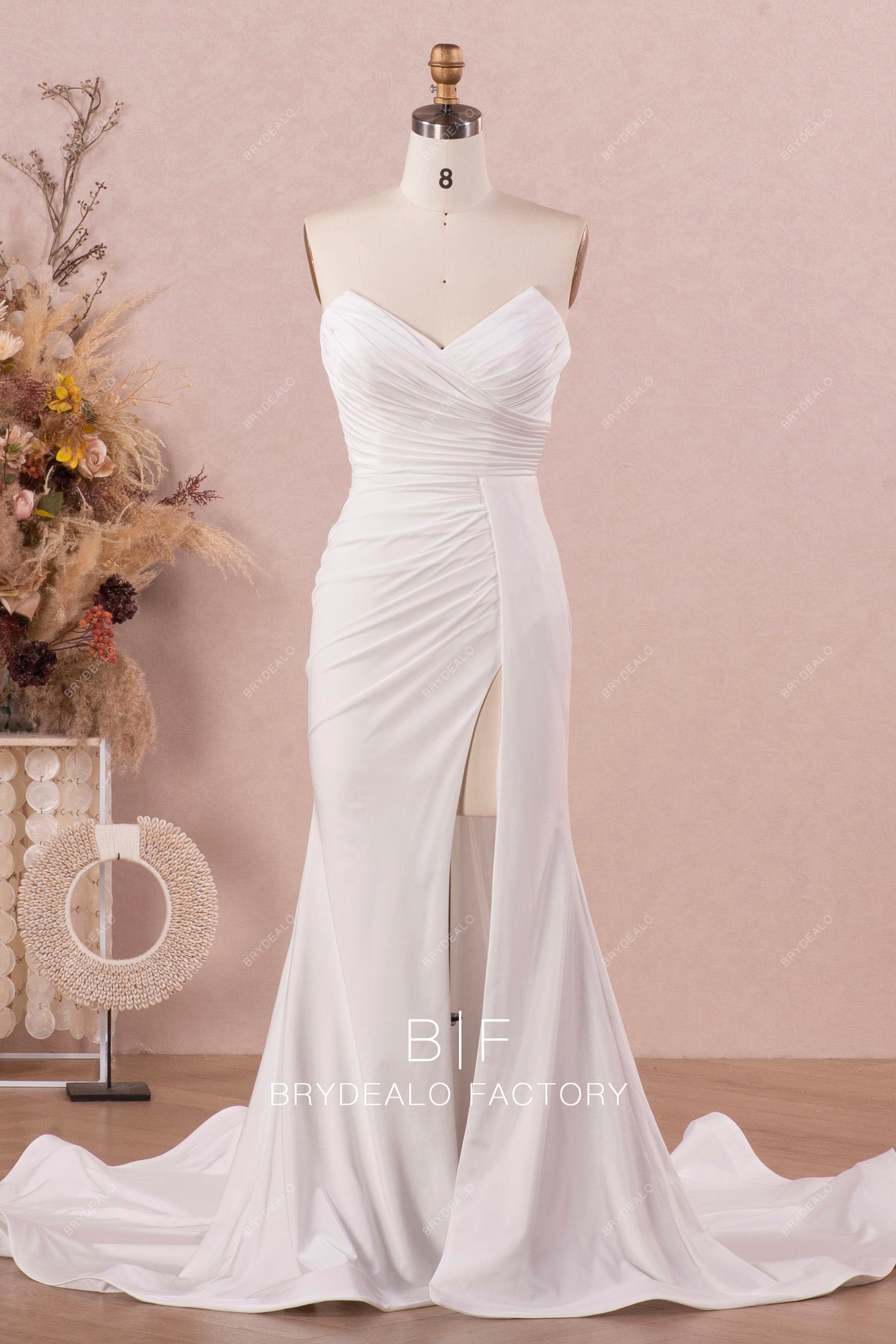 Strapless V-cut Pleated Neck Slit Jersey Wedding Dress Floor Length Without A Train