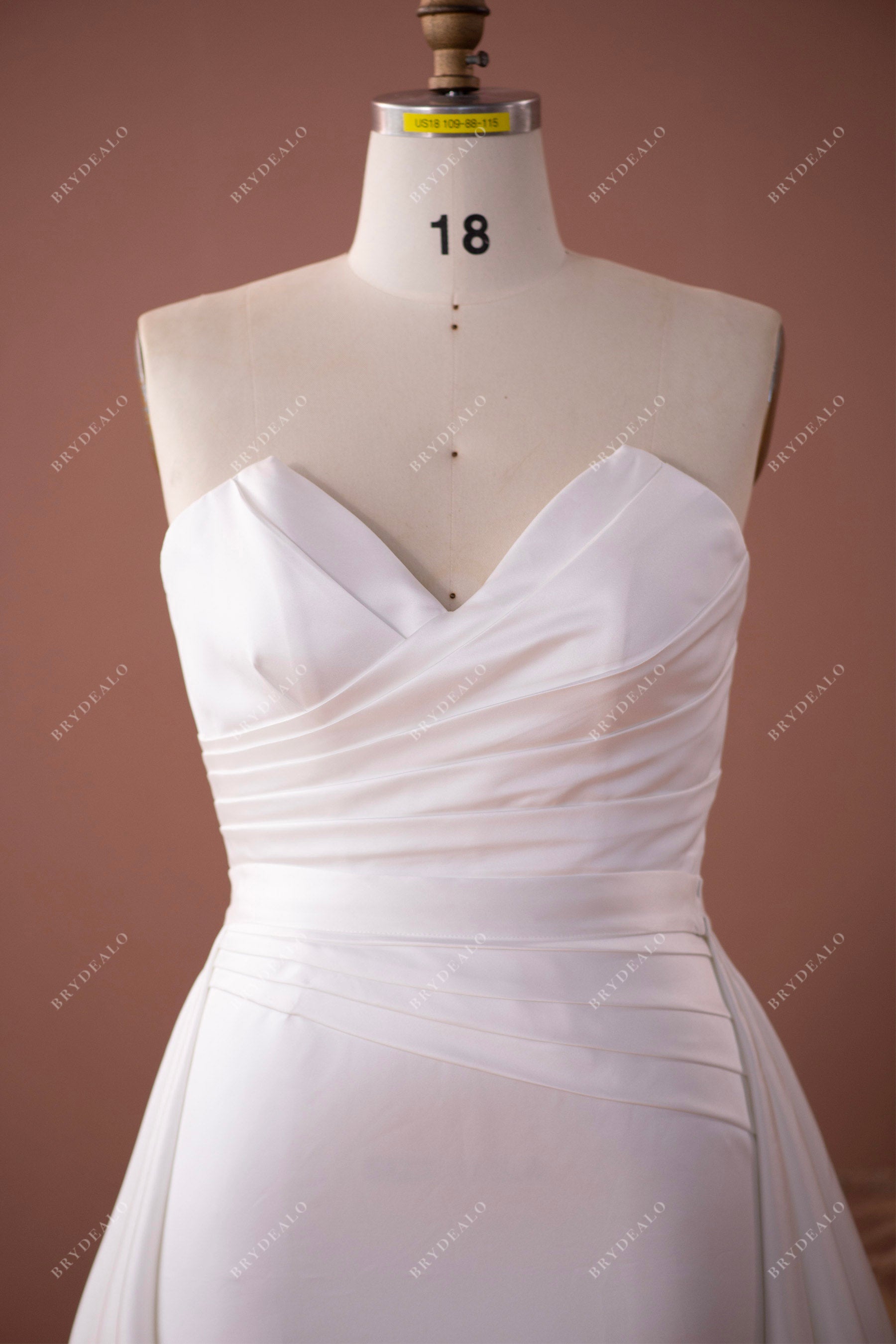 V-neck pleated satin bridal dress