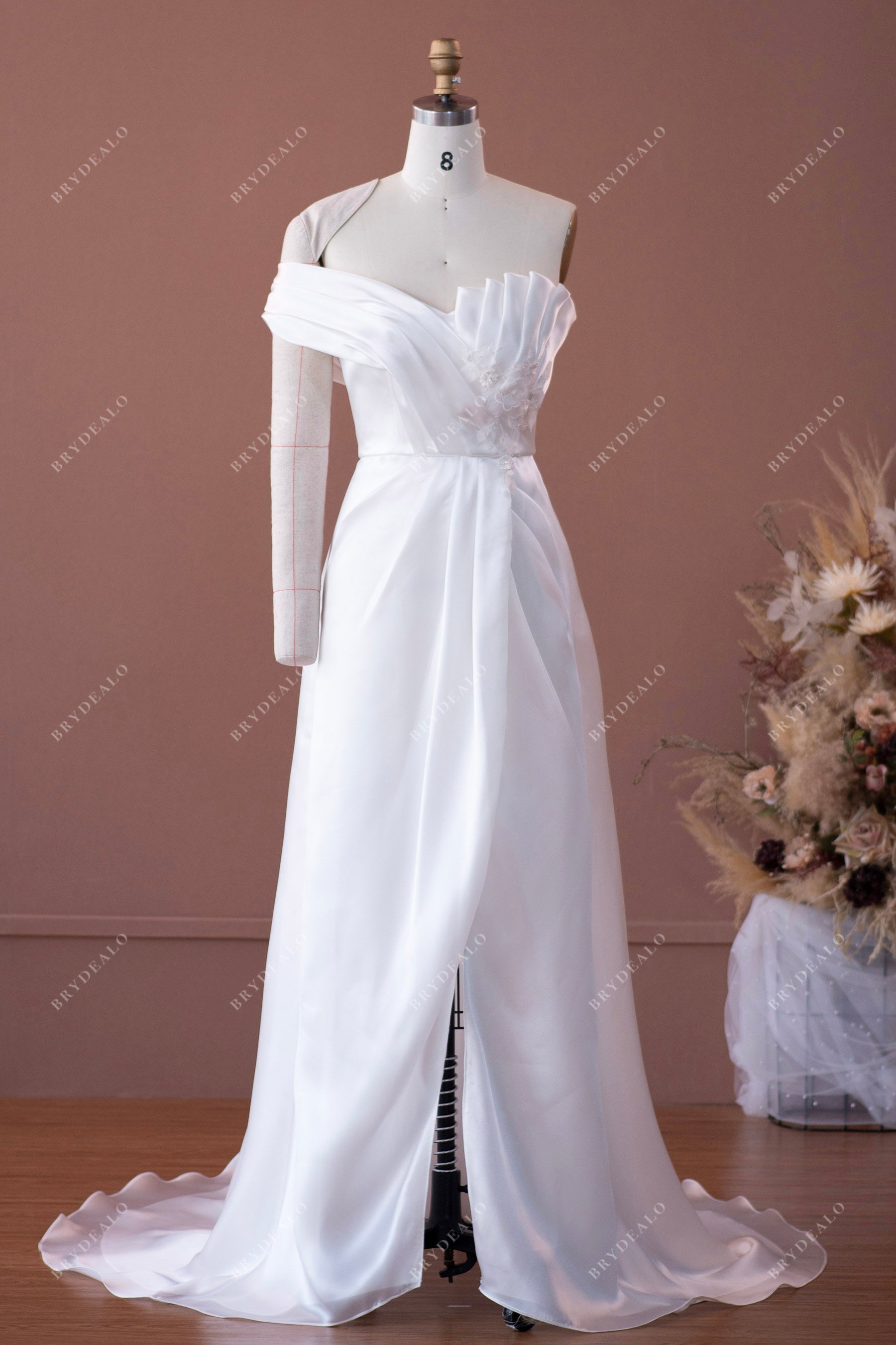 Pleated Neck One Sleeve Slit Silky Organza Wedding Dress
