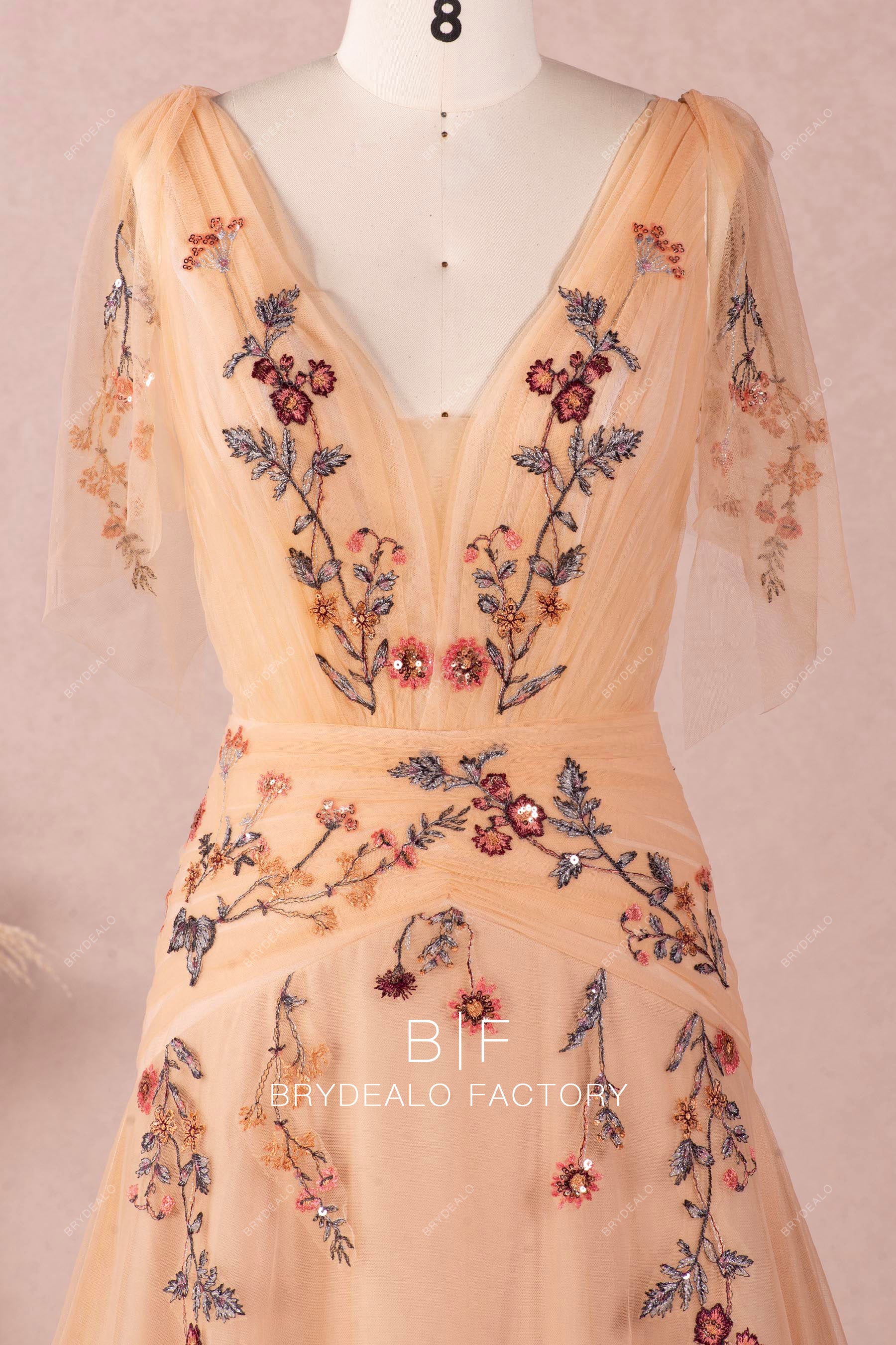 pleated plunging colored flower lace wedding dress