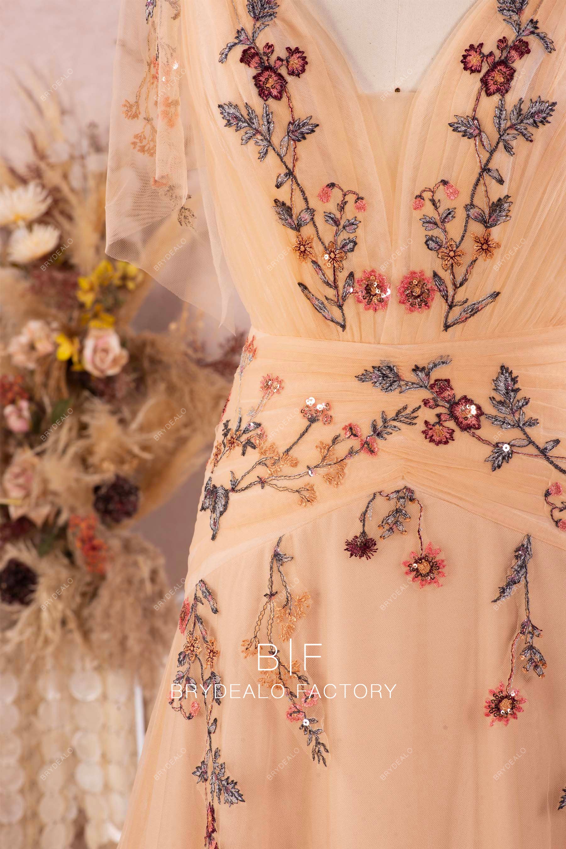 pleated plunging flower lace wedding dress