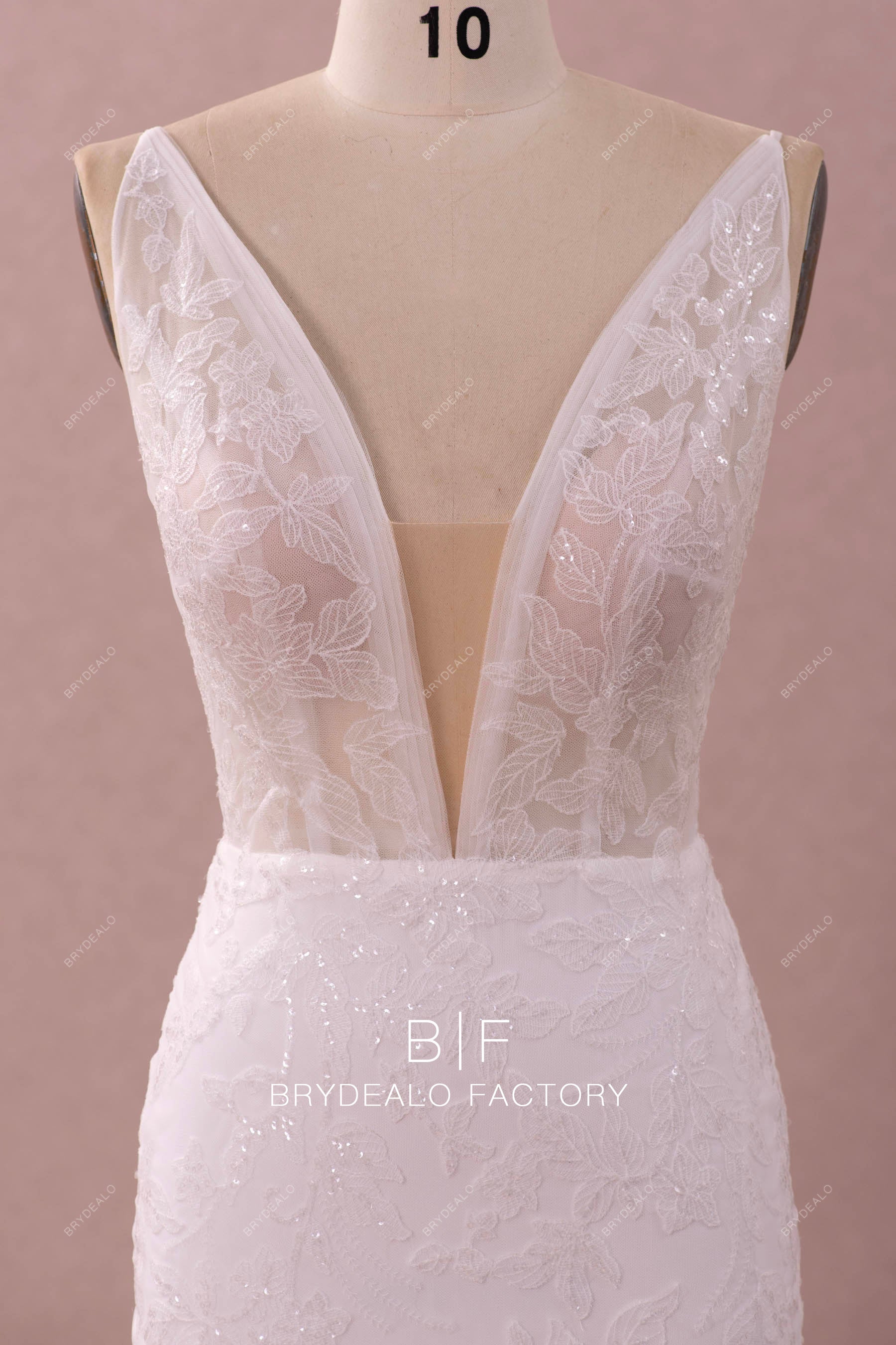 pleated plunging neck wedding dress